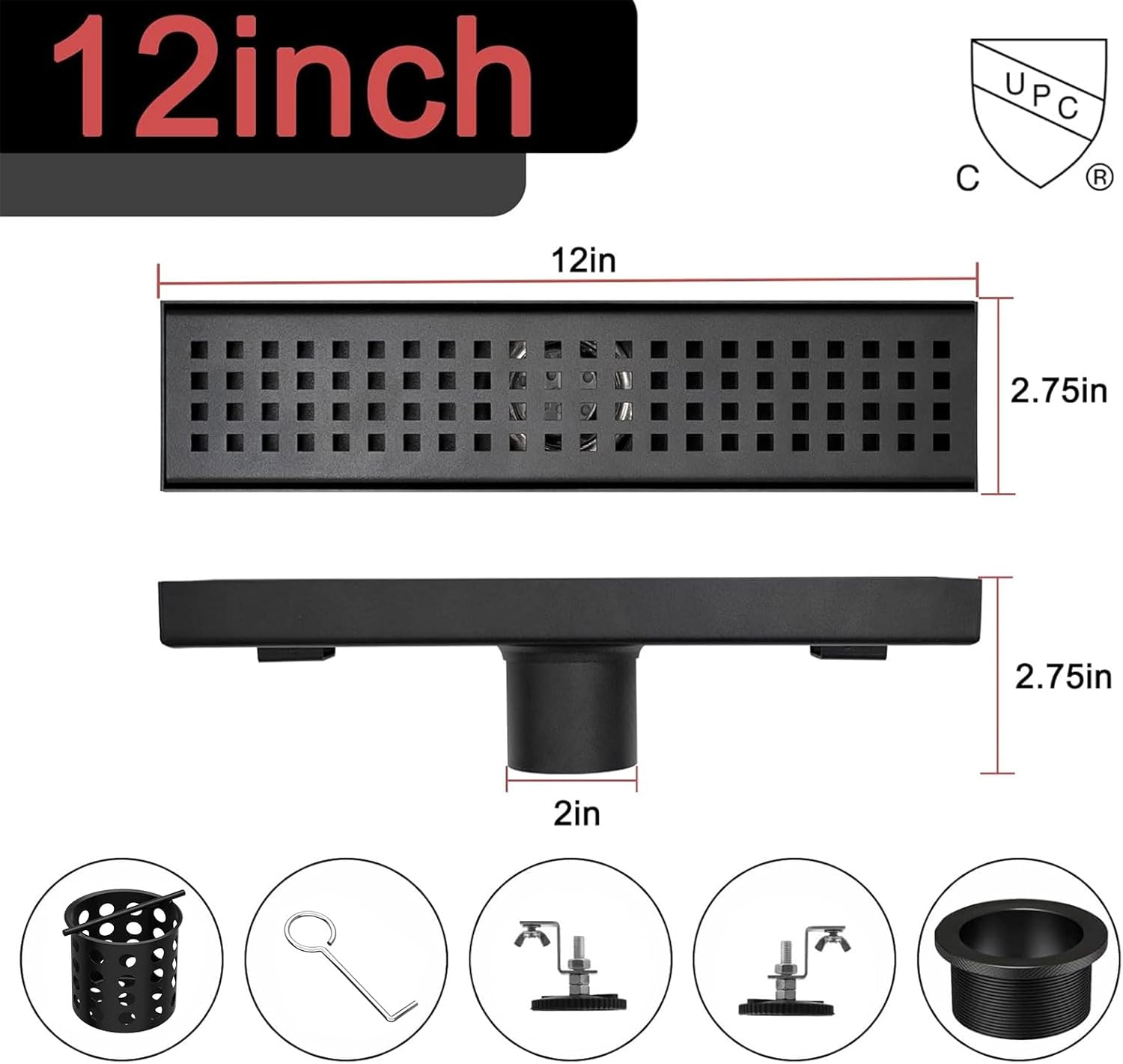 Black Shower Drain, Linear Shower Drain 12 Inch with Square Hole Panel, Matte Black Linear Drain with Hair Strainer and Leveling Feet
