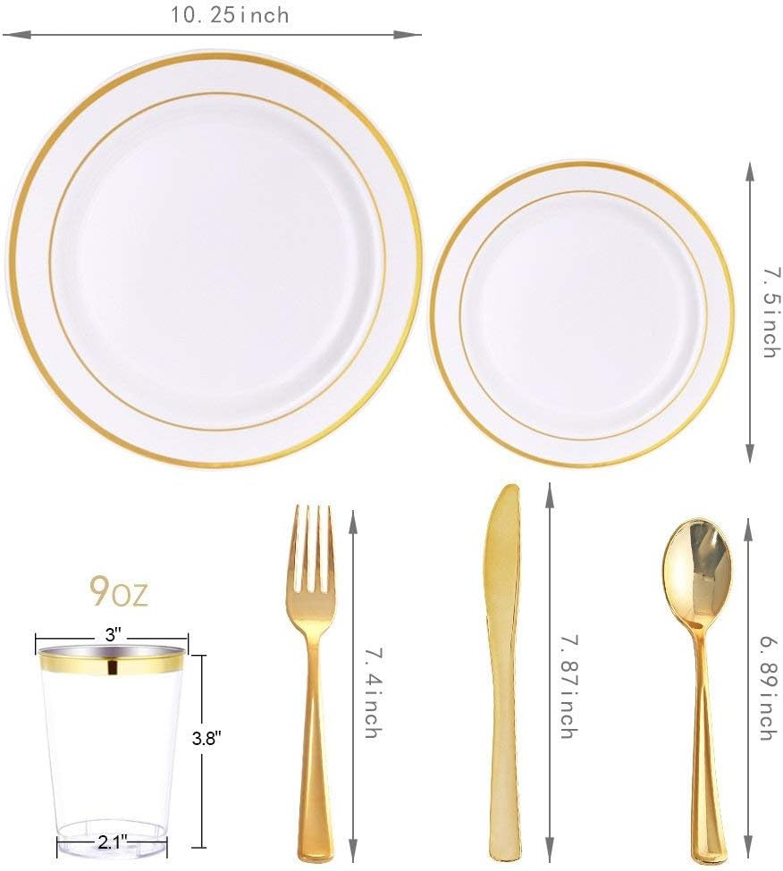 WELLIFE 150 Pcs Gold Plastic Plates, Plastic Dinnerware Set Includes: 25 Dinner plates 10.25", 25 Dessert plates 7.5", 25 gold Cups 9OZ and 25 gold Cutlery for Party