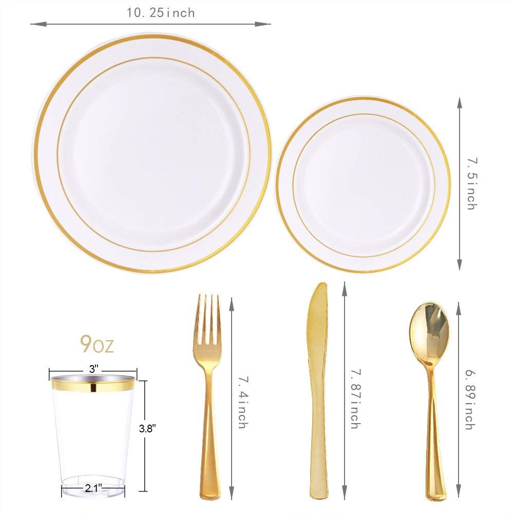 WELLIFE 150 Pcs Gold Plastic Plates, Plastic Dinnerware Set Includes: 25 Dinner plates 10.25", 25 Dessert plates 7.5", 25 gold Cups 9OZ and 25 gold Cutlery for Party