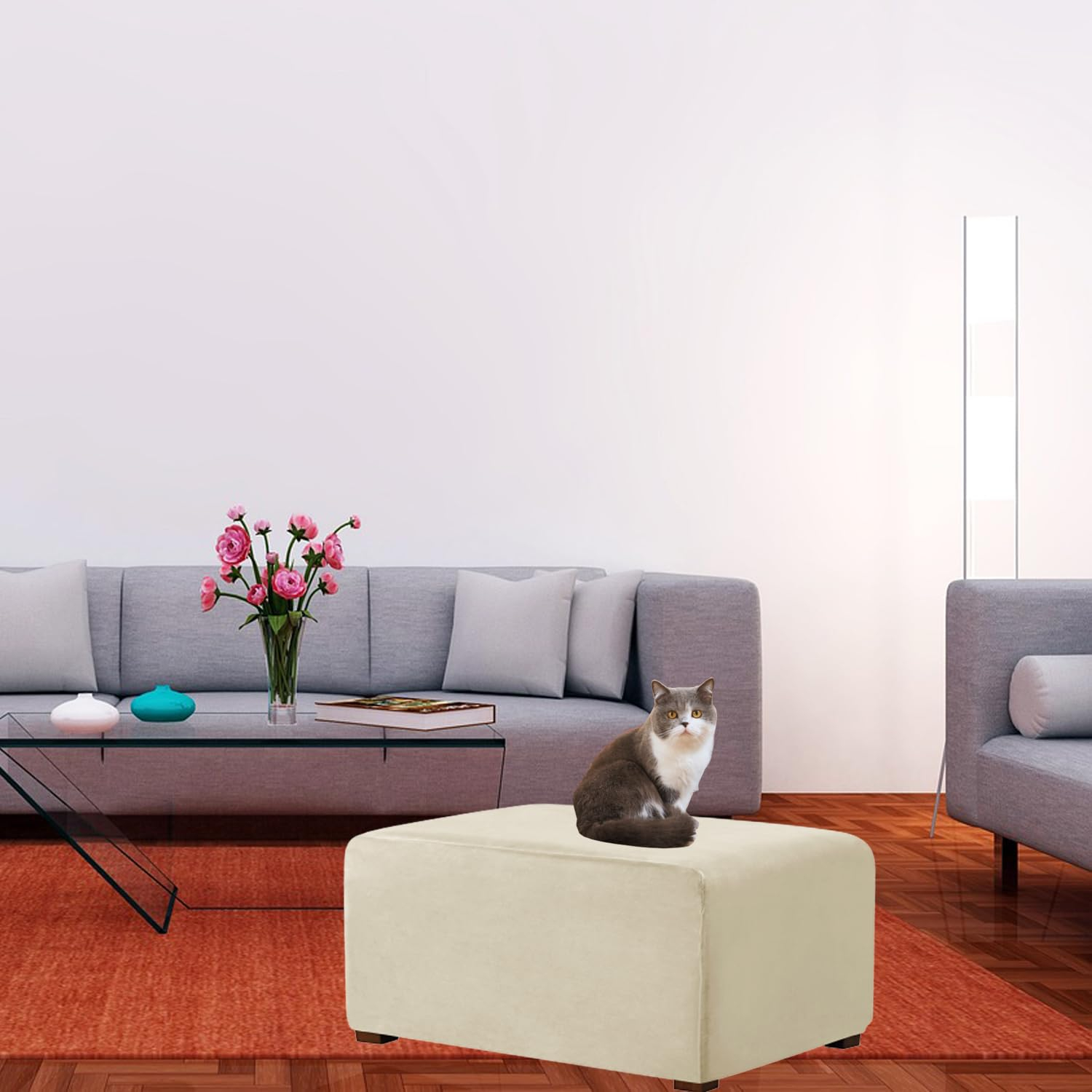 HFCNMY Ottoman Cover Rectangle,Stretch Velvet Slipcovers Rectangle Thick Covers Slipcover for Ottomans Soft Foot Stool with Elastic Bottom Beige Medium (ASMFDT20230725-7)