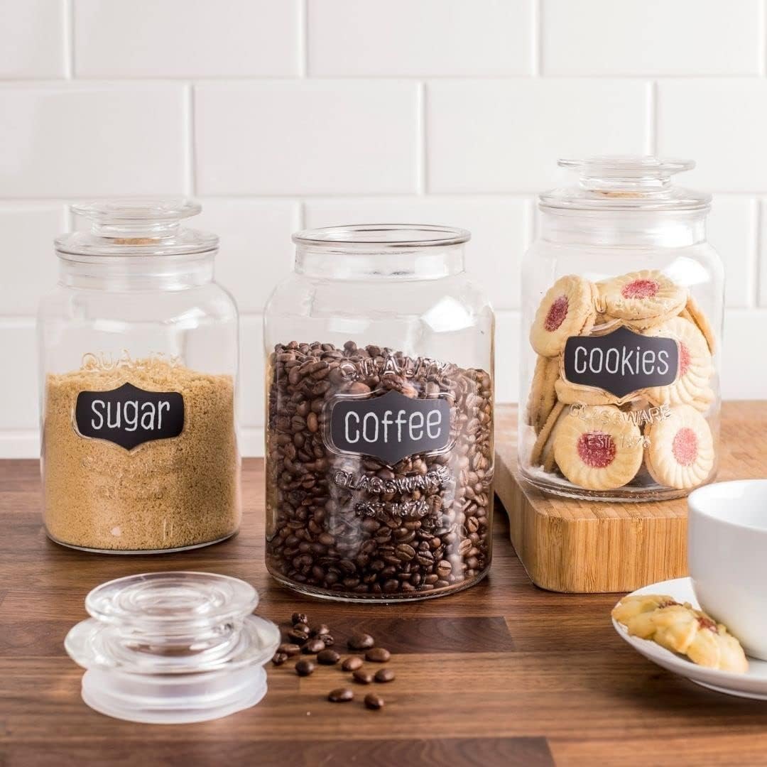 Glass Canister Set for Kitchen or Bathroom with Airtight Lid and Chalkboard Labels, Apothecary Glass Food Storage Jars,Set of 3 Cookie Jars, Candy, Coffee, Cereal & More, Clear Storage Containers!