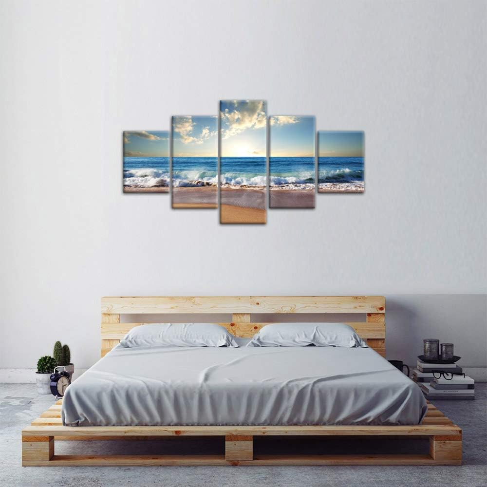 Yatsen Bridge Modern Landscape Painting on Canvas 5 Piece, Beach Ocean Pictures Wall Art for Living Room Home Decor Wooden Framed Stretched Ready to Hang (60" W x 32" H)