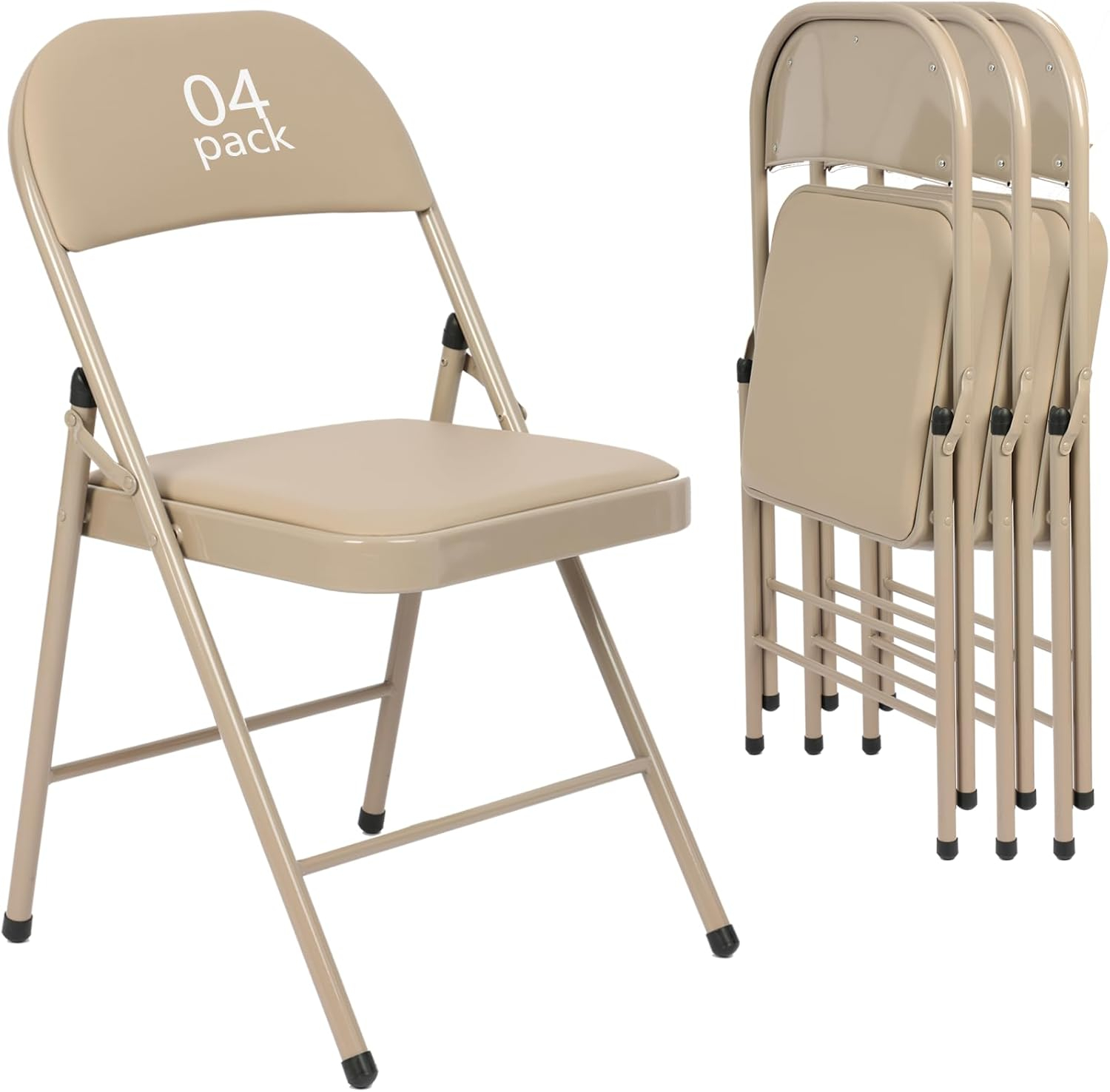 Khaki Armless Leather Metal Frame Folding Chairs, Set of 4