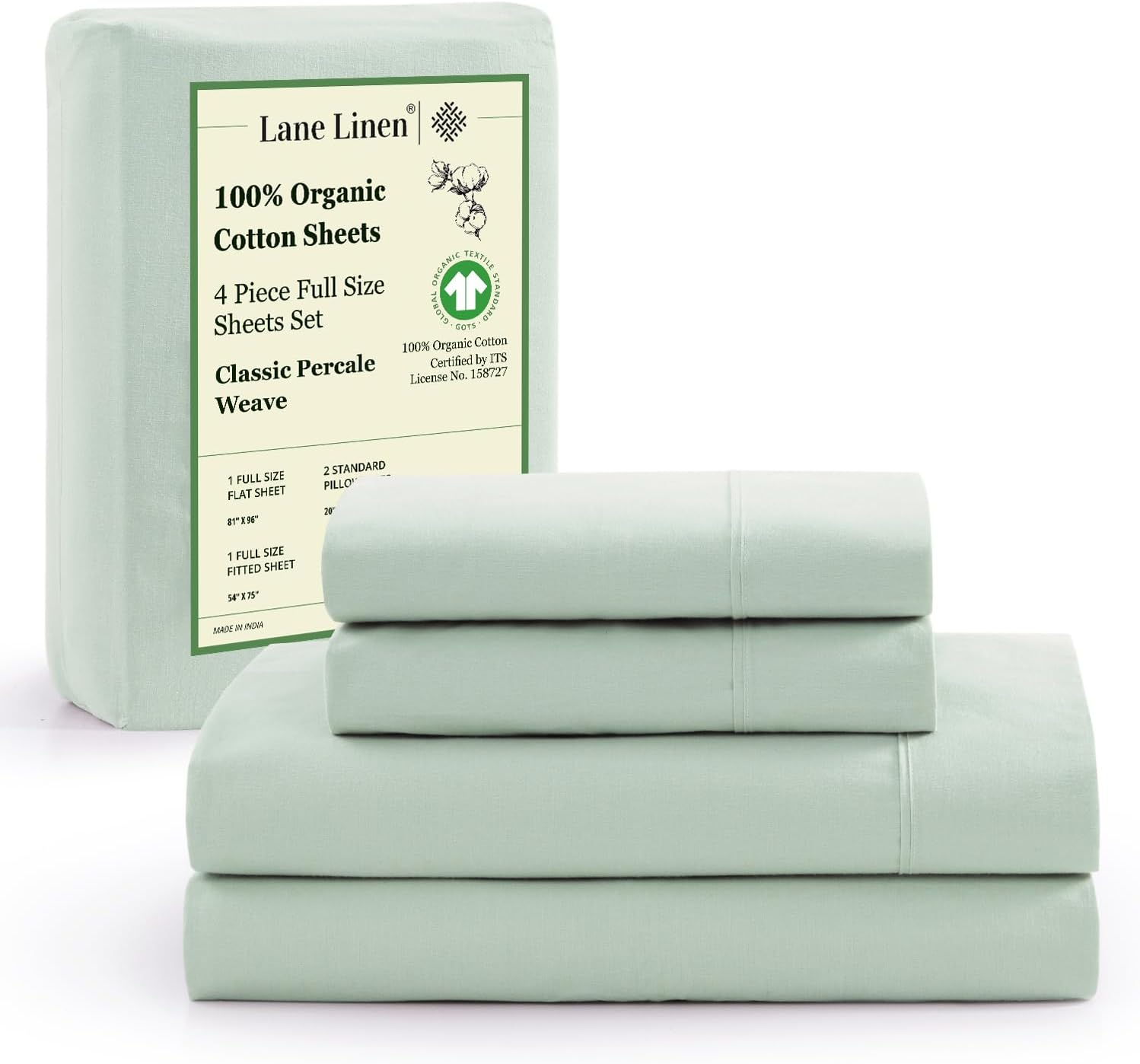 LANE LINEN 100% Organic Cotton Cool Blue Full Sheets Set 4-Piece Pure Long Staple Percale Weave Bedding for Bed Breathable Fits Mattress Upto 15" Deep