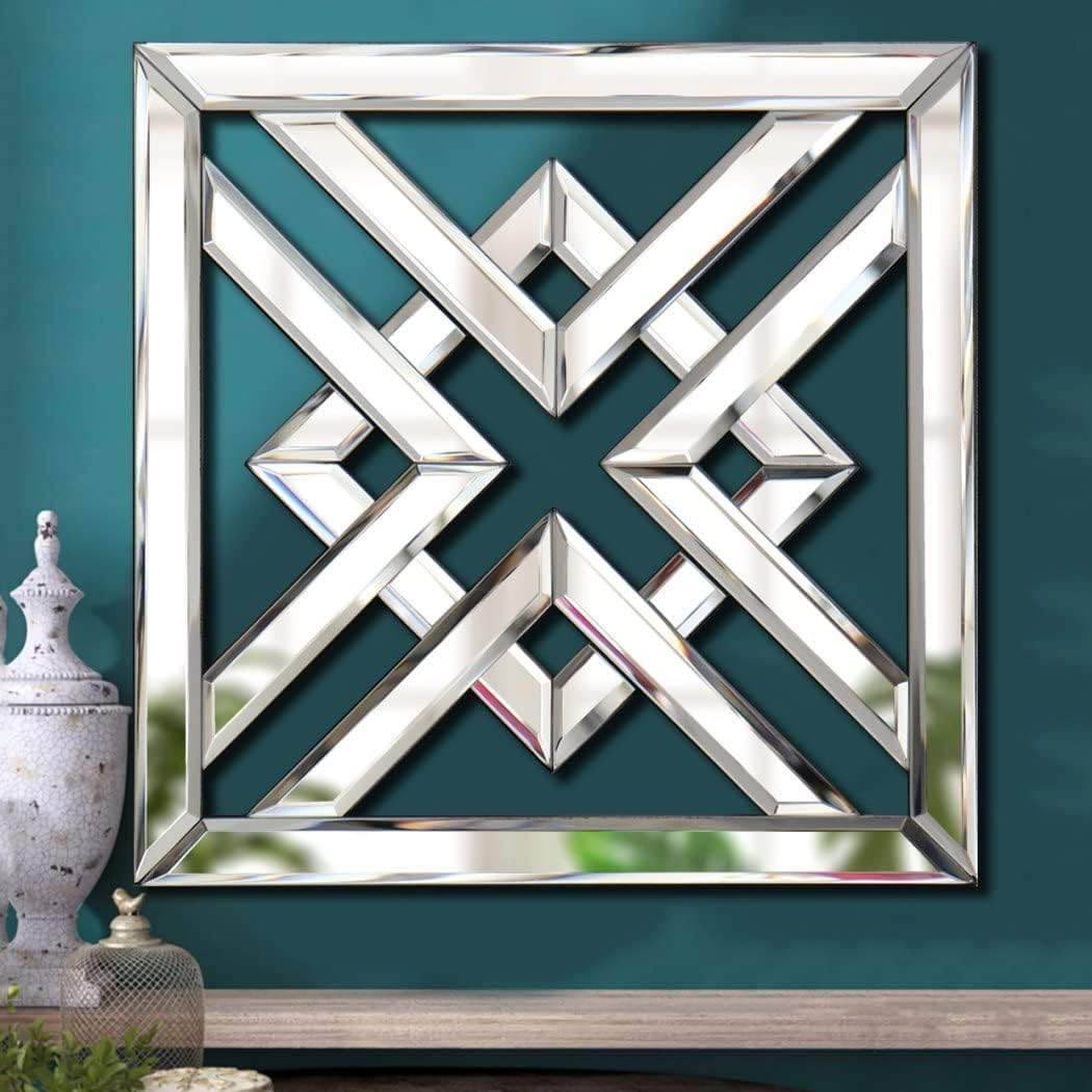 Silver Mirrored Wall Decor 16x16" Modern Fashion DIY Wall-Mounted Mirror X Design Gorgeous Glam Accent Vintage Chic for Room and Home