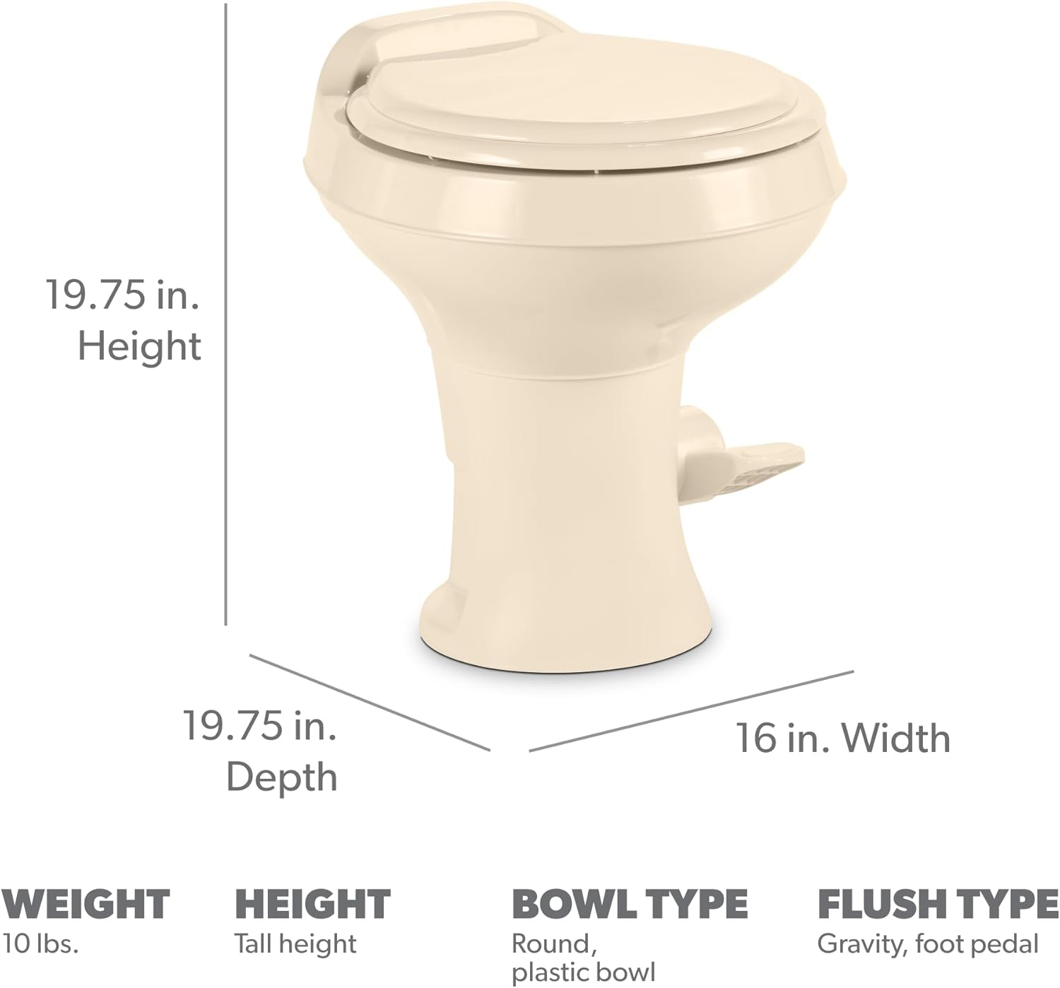 Dometic 302300073 300 Series Standard Height Heavy Duty Plastic RV Toilet, Bone