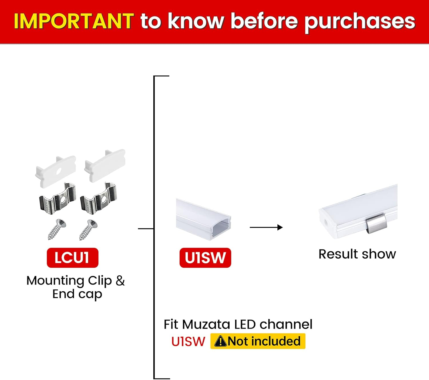 Muzata LED Channel Install Accessories Including 12Pack Stainless Steel Mounting Clips and 6Pack Grey End Caps fit Muzata U1SW U Shape Aluminum LED Strip Light Channel LCU1 WW