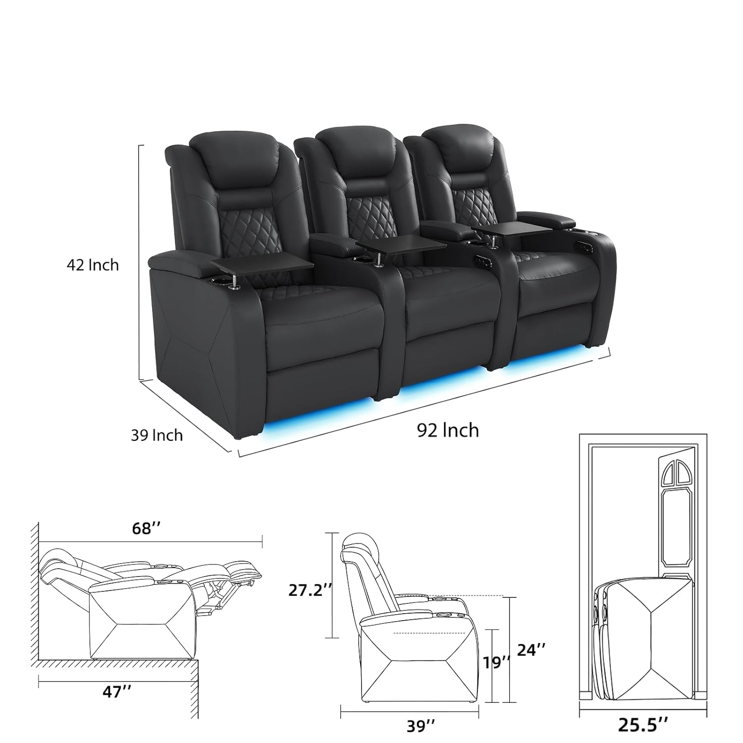 Top Grain Leather Home Theater Seating Power Headrest & Memory Function, 7-Color Ambient Lighting, USB/Type-C Charging, Easy Assembly Electric Recliner Chair (Row of 3)