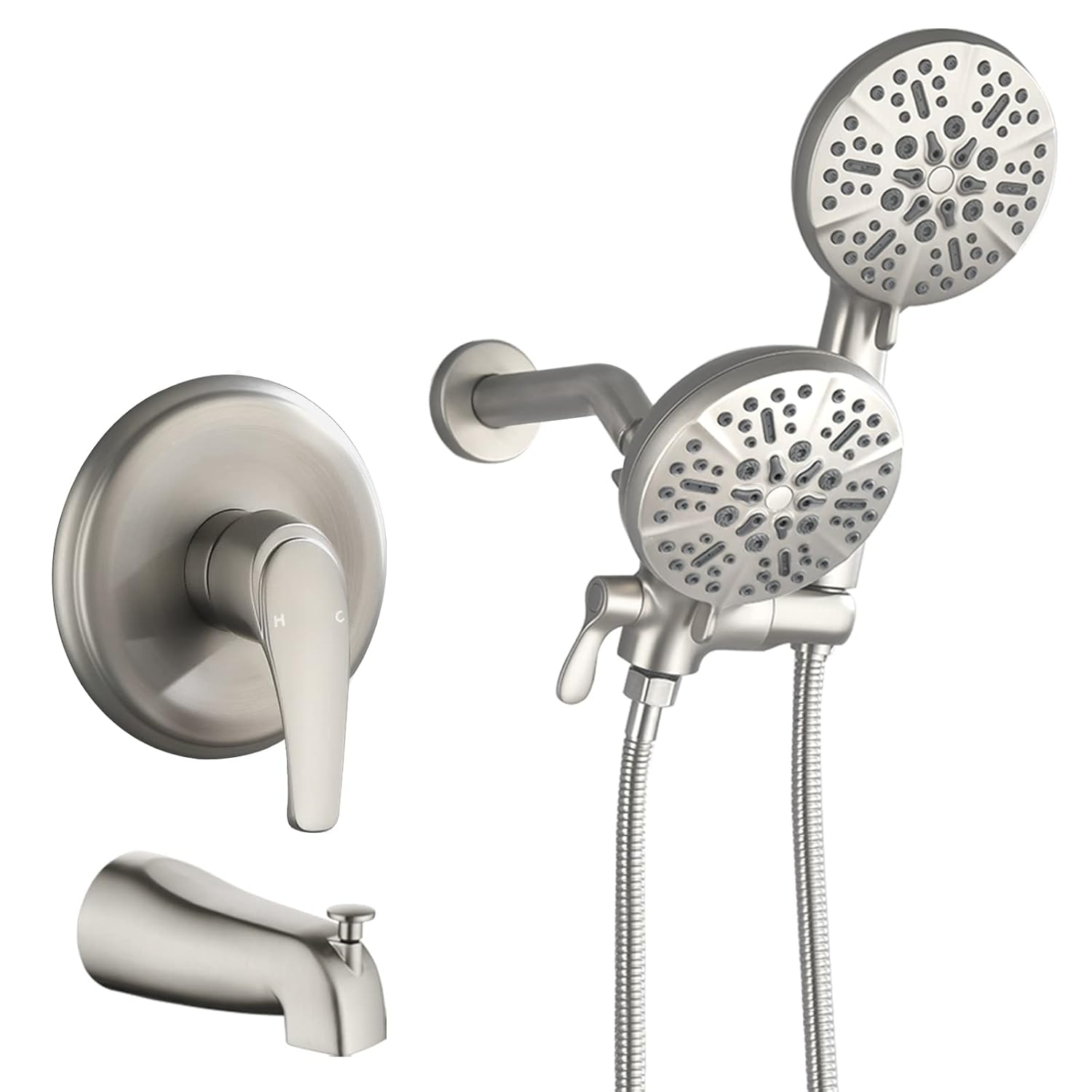 Shower Tub Kit Dual Shower System with Tub Spout Tub and Shower Faucet Set Complete Dual Shower Head and Handheld Combo Set Tub and Shower Trim Kit Brushed Nickel