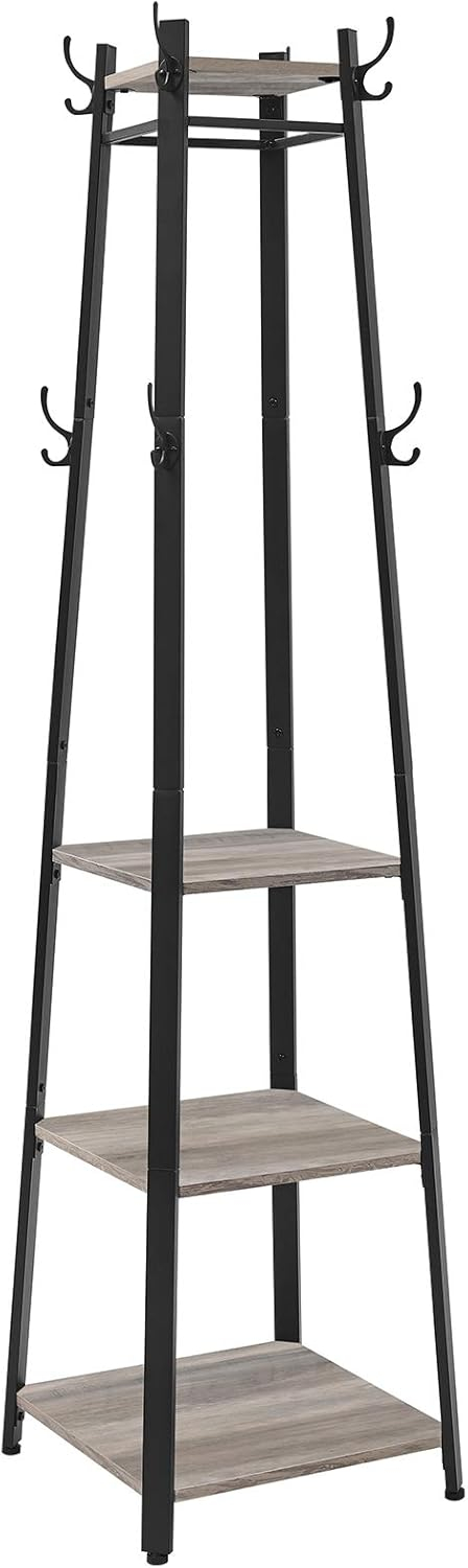 VASAGLE ALINRU Coat Rack with 3 Shelves Stand with Hooks for Scarves Bags and Umbrellas