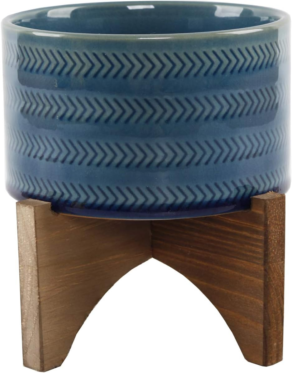 Matt White Hobnail 5" Ceramic Planter on Wood Stand