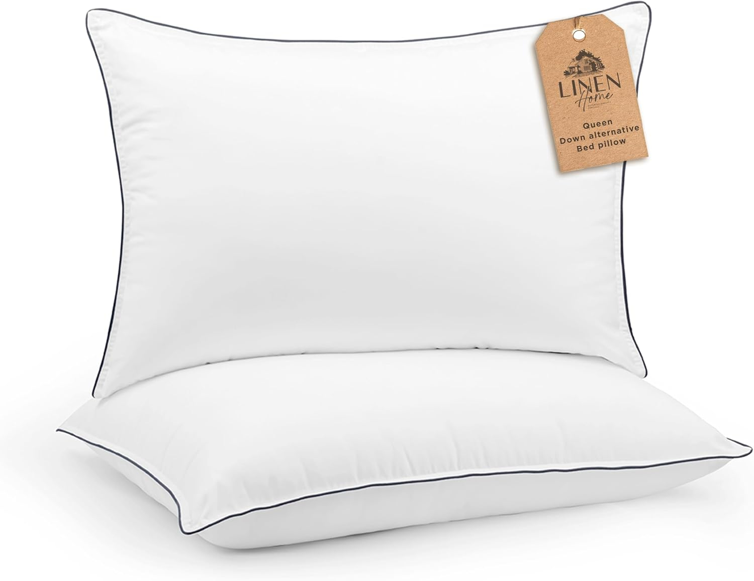 Linen Home Down Alternative Pillows with Grey Piping, Queen Size Pillows Set of 2, Bed Pillows for Side and Back Sleepers, Cooling Pillows for Sleeping, Ideal for Pillowcases Size - 20 X 30 inches