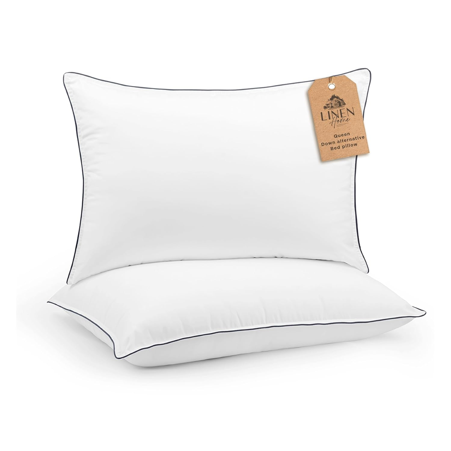 Linen Home Down Alternative Pillows with Grey Piping, Queen Size Pillows Set of 2, Bed Pillows for Side and Back Sleepers, Cooling Pillows for Sleeping, Ideal for Pillowcases Size - 20 X 30 inches