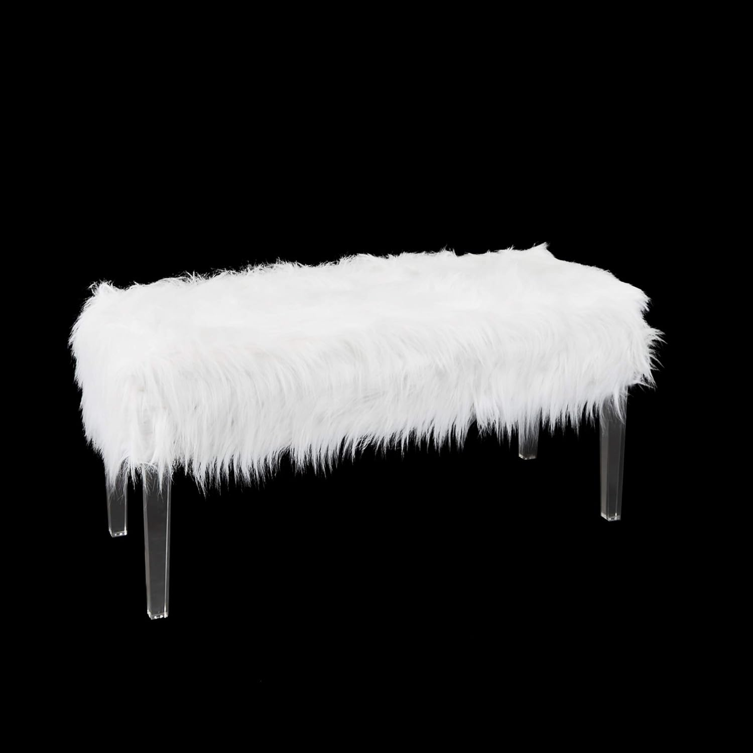 Vanessa Faux Fur and Glass Vanity Storage Bench, White Finish