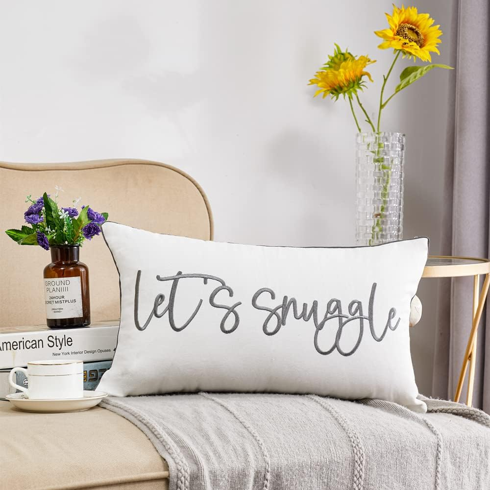 Sunkifover Let's Snuggle Decorative Lumbar Pillow Cover - 12x20 Inch White and Grey Cotton Embroidery Throw Pillowcase for Bed, Bedroom, Living Room, Home Decor