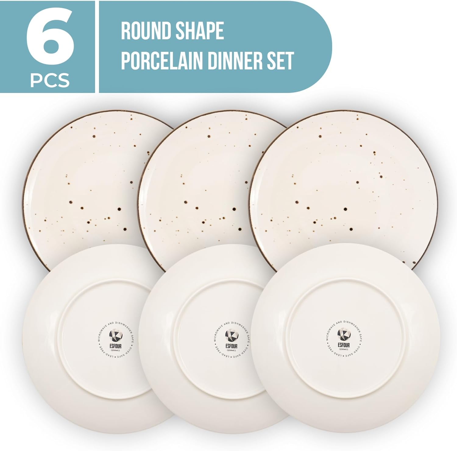 Glossy White and Brown Porcelain Dinner Plates Set of 6