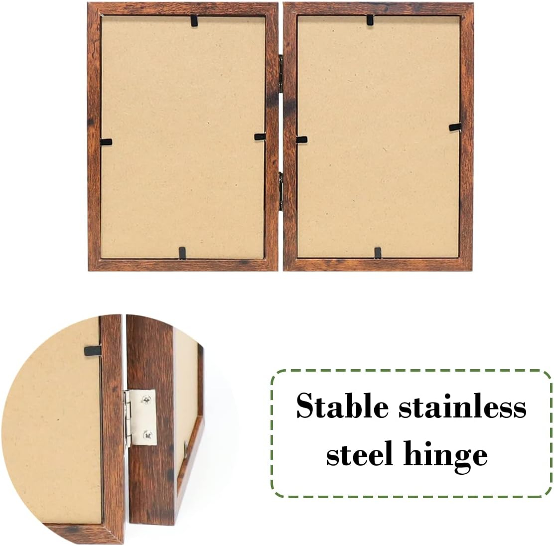 TOFOREVO 4x6 Double Picture Frame Rustic Brown Wooden Hinged Beveled Photo Frame Definition Glass 2 Vertical Openings Stand on Desktop Tabletop