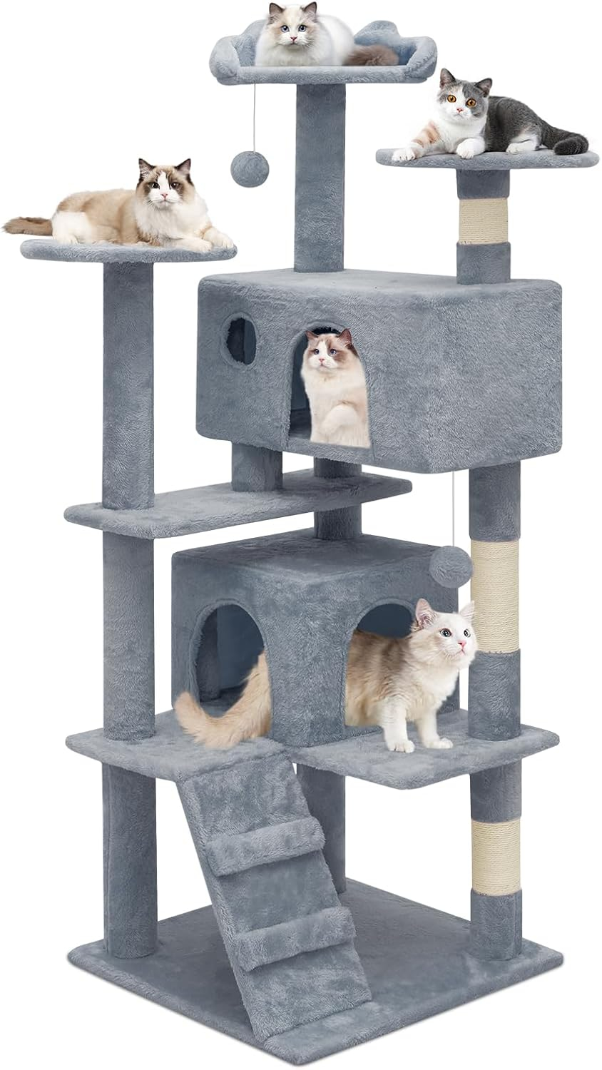 MoNiBloom 54.5" Multi-Level Cat Tree Condo Cat Tower with Scratching Posts & Plush Perch, Light Gray