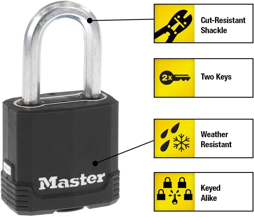 Master Lock Black Outdoor Key Lock, Heavy Duty Weather Resistant Padlock with Cover, Keyed Alike Padlocks for Outdoor Use, 4 Pack, M115XQLF