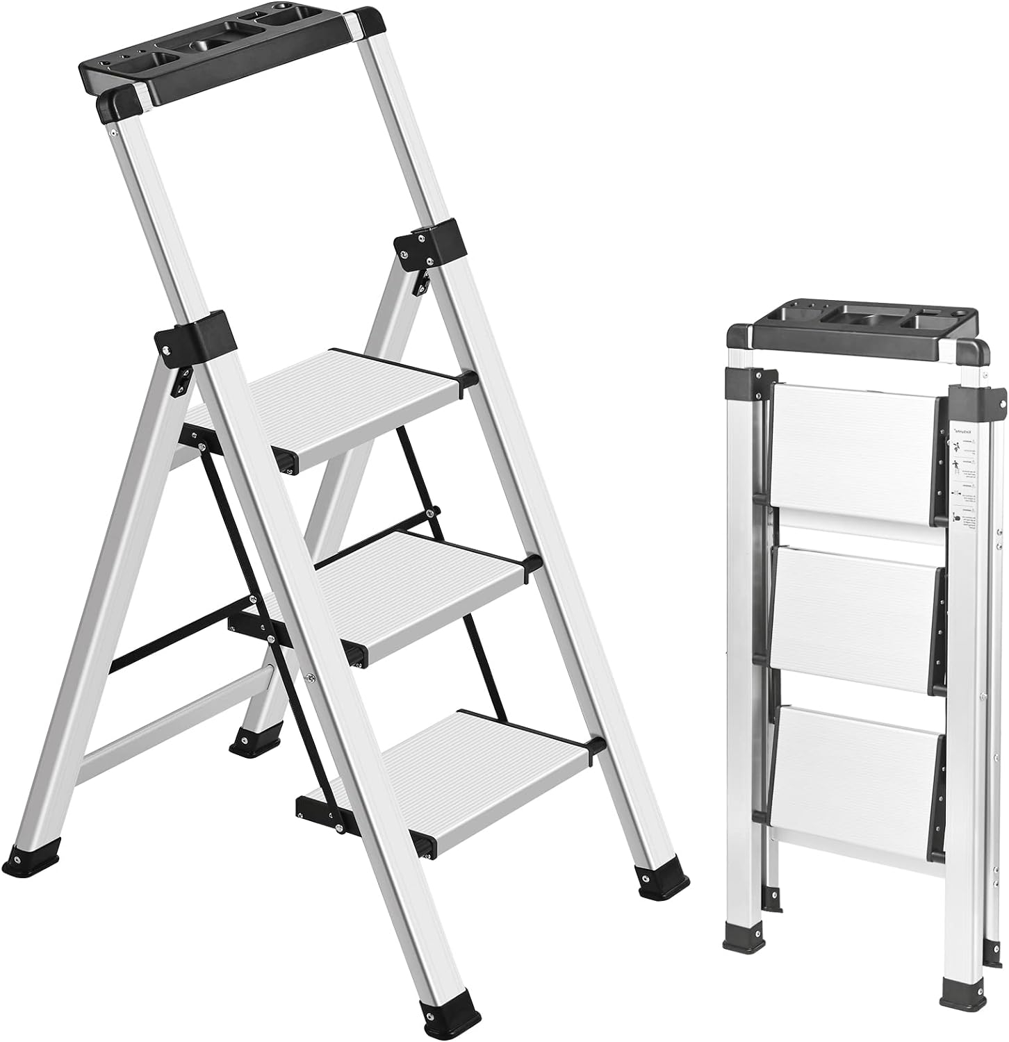 XinSunho 3 Step Ladder, Retractable Handgrip Folding Step Stool Ladders with Anti-Slip Wide Pedal, Aluminum 3 Steps, 330lbs Safety Household Ladder