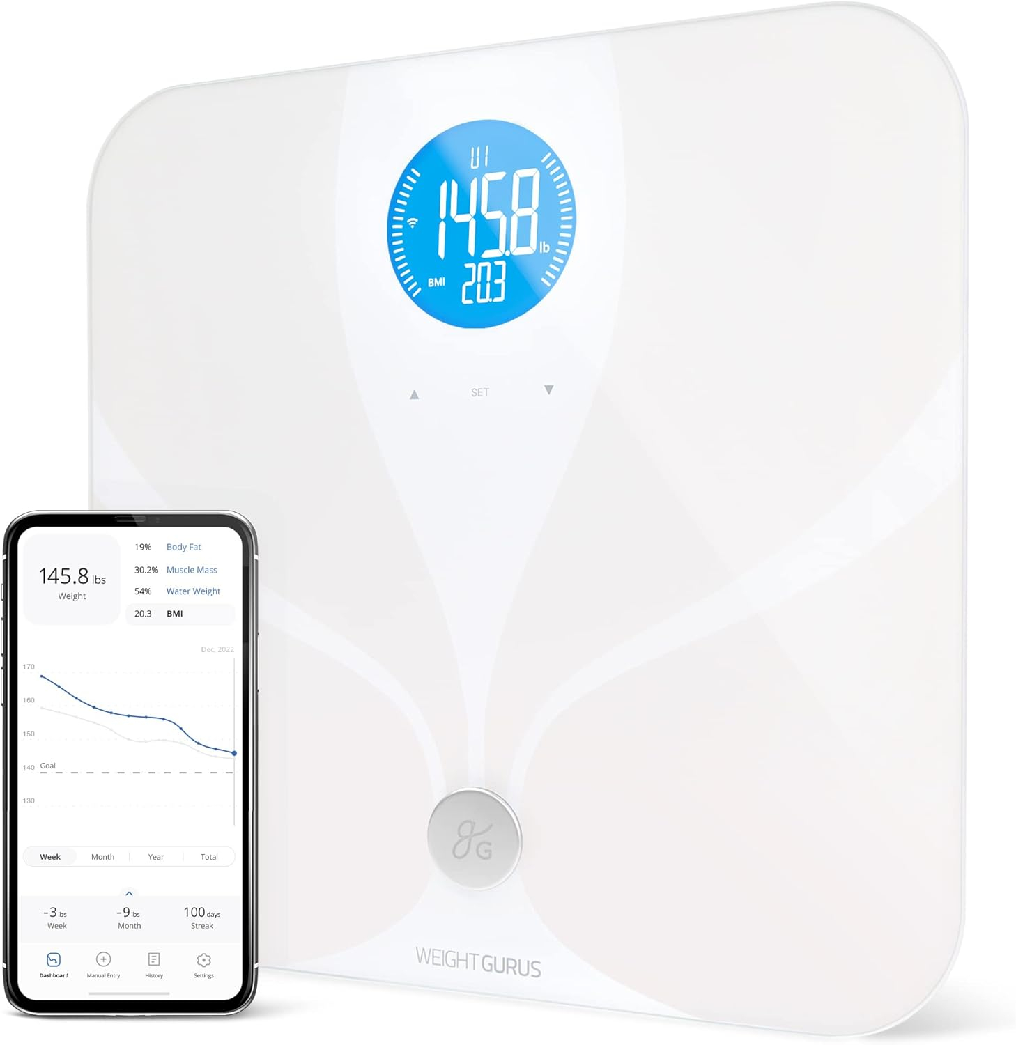 Greater Goods WiFi Weight Scale; Digital Smart Scale for Bathroom, Measures and Tracks Weight, BMI, Muscle Mass, Water Weight, Bone Density, and Body Fat, Designed in St. Louis