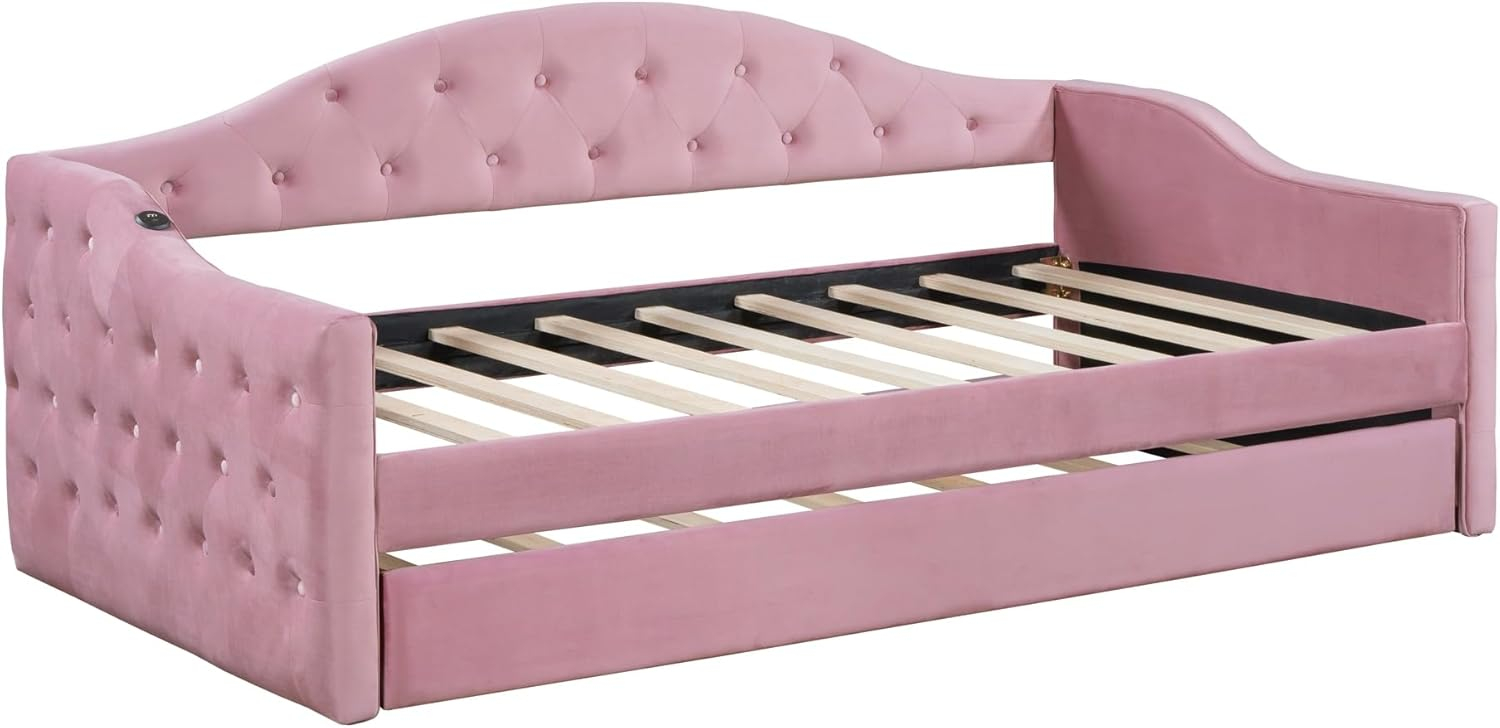Twin Size Tufted Upholstered Daybed Bed Frame for Boys Girls Kids Adults Toddler with Trundle,Velvet Sofabed with USB&Type-C Charging Ports,No Box-Spring Needed, Pink