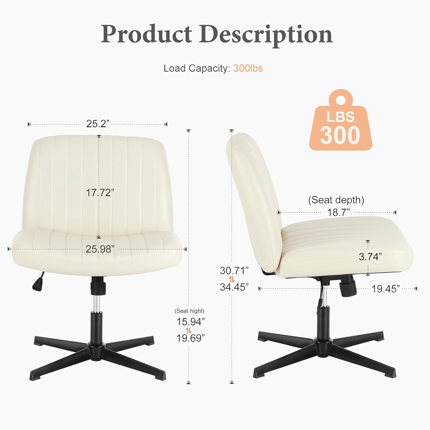 Sweetcrispy Criss Cross Chair Legged, Armless Office Desk Chair No Wheels, Swivel Vanity Chair, Height Adjustable Wide Seat Computer Task Chair, Fabric Vanity Modern Home Chair Cream