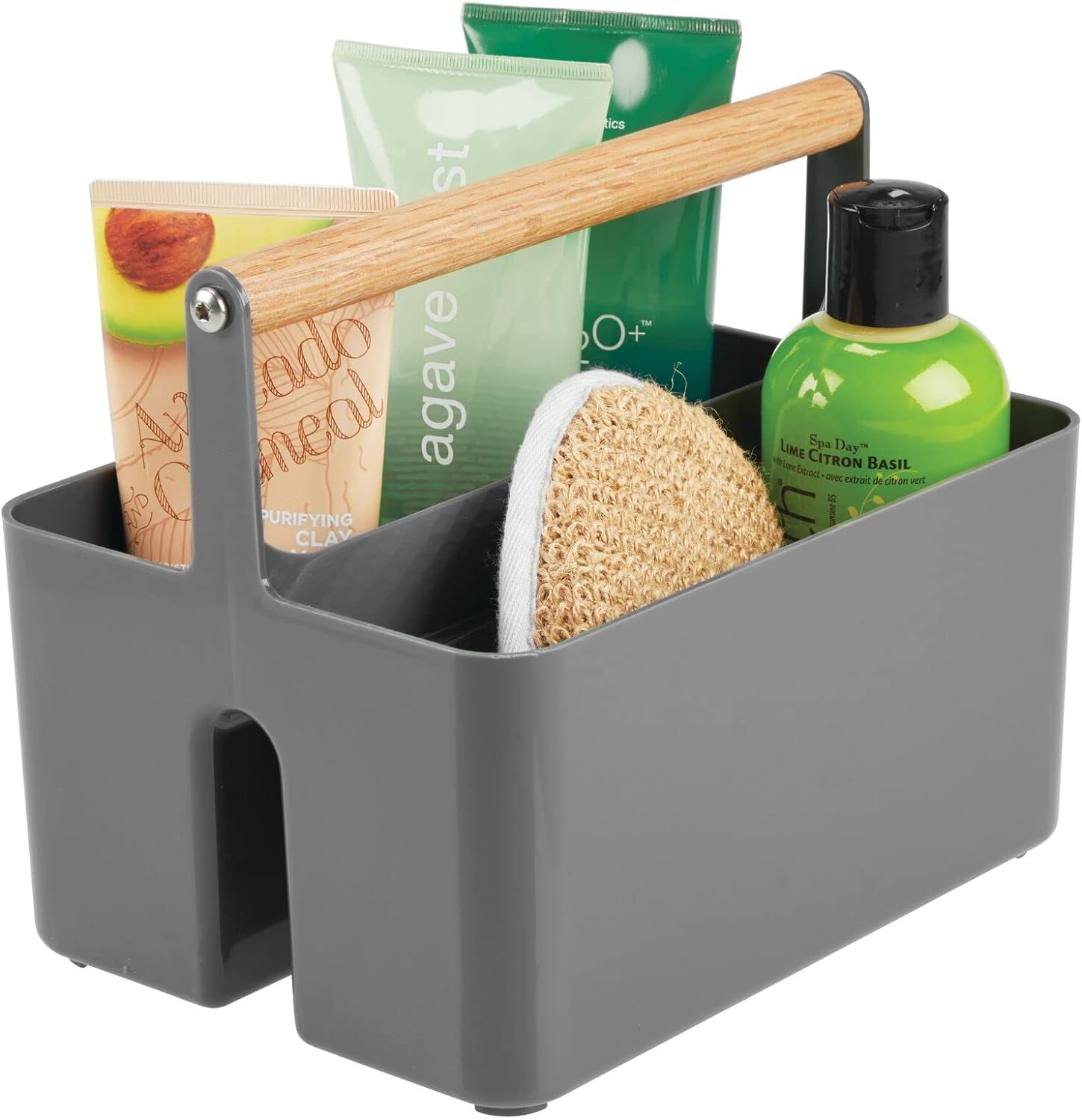 mDesign Plastic Portable Shower Caddy Divided Basket Bin Storage Organizer with Bamboo Handle for Bathroom, Dorm, Shelf & Cabinet Holds Shampoo, Conditioner - Aura Collection, Charcoal Gray/Natural