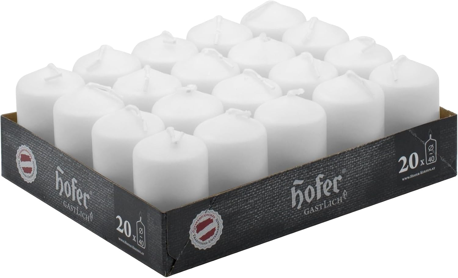 Hofer White Pillar Candles - Set of 20 Unscented Small Candles in Bulk - 1.57 x 2.76 Inch - 11 Hours Long Burning Decorative Candles - Dripless Wax - Smokeless Wick - RAL Quality - Made in Austria