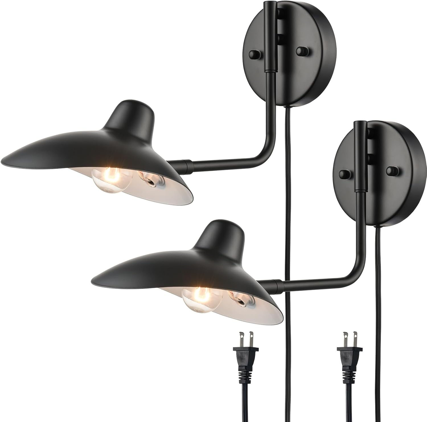 Plug in Wall Sconces Set of Two Black Swing Arm Wall Lamp with Plug-in Cord Adjustable Wall Light for Bedroom Living Room Study Room Home Office