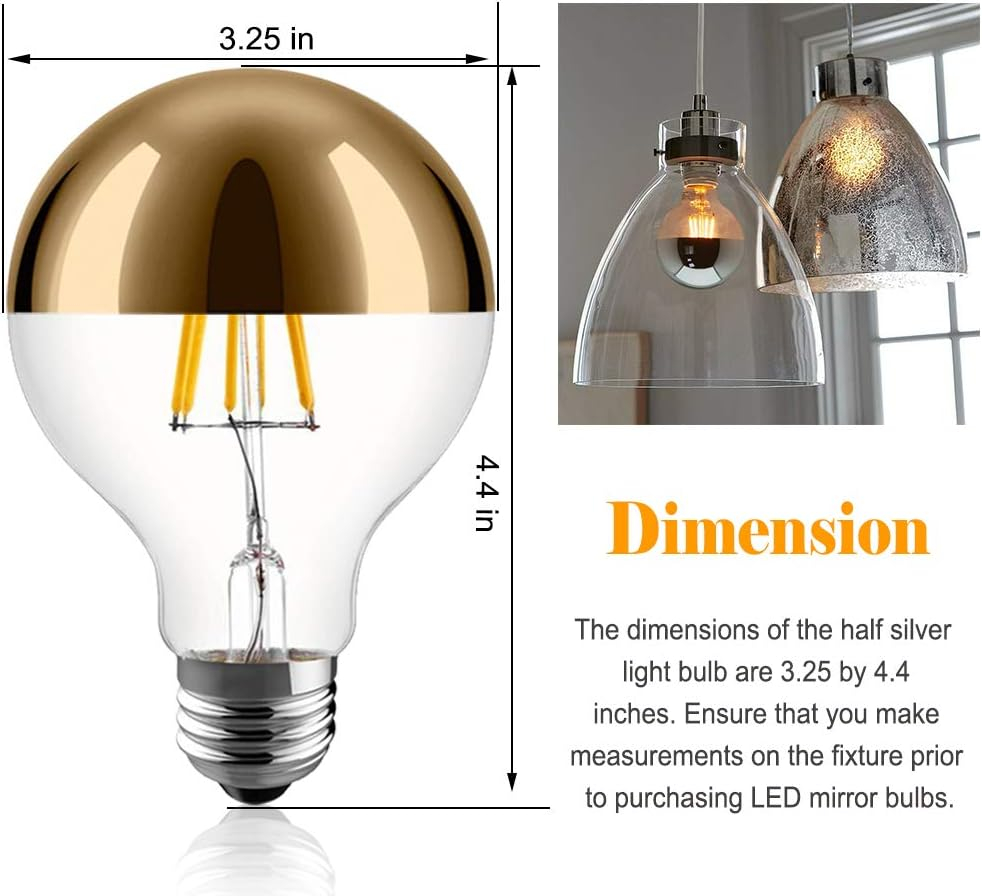 Half Chrome Light Bulb,6W (60W Equivalent) Dimmable LED Edison Bulb,G80/G25 Globe Shape Decorative LED Bulbs,Half Gold Reflected Light 2700K Soft White E26 Base Pack of 4