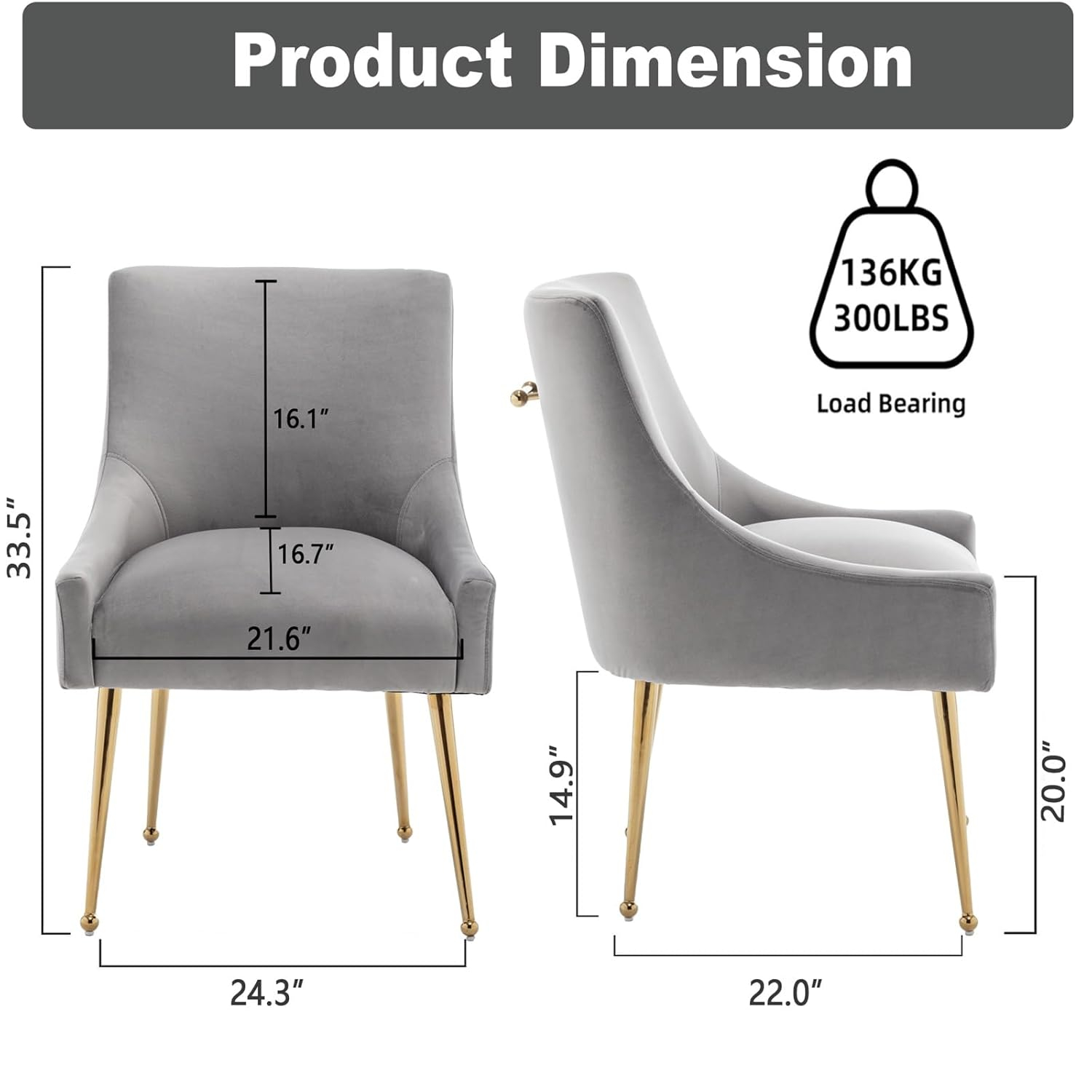 Dining Chairs Set of 2, Modern Velvet Accent Kitchen Chairs with Gold Legs Upholstered Guest Chairs for Living Room/Kitchen/Restaurant/Study Room