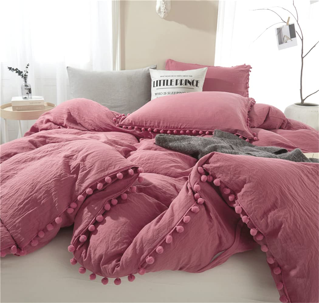 IHOUSTRIY Kid's Duvet Cover Twin Size,100% Washed Microfiber 2pcs Girl Bedding Duvet Cover Set, Pom Poms Fringe Solid Color Soft and Breathable with Zipper Closure & Corner Ties (Dusty Rose, Twin)