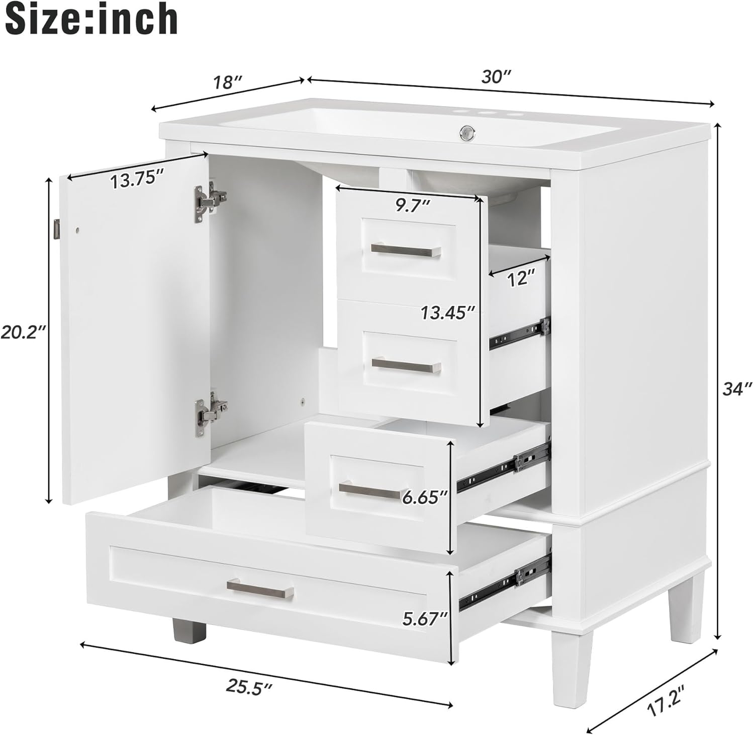 Merax 30 in Bathroom Vanity with Sink,3 Drawers and 4 Doors,Wood Single Sink Bathroom Vanity,Modern White Bathroom Vanities Sink Cabinet Floor Standing with Sink Combo Set