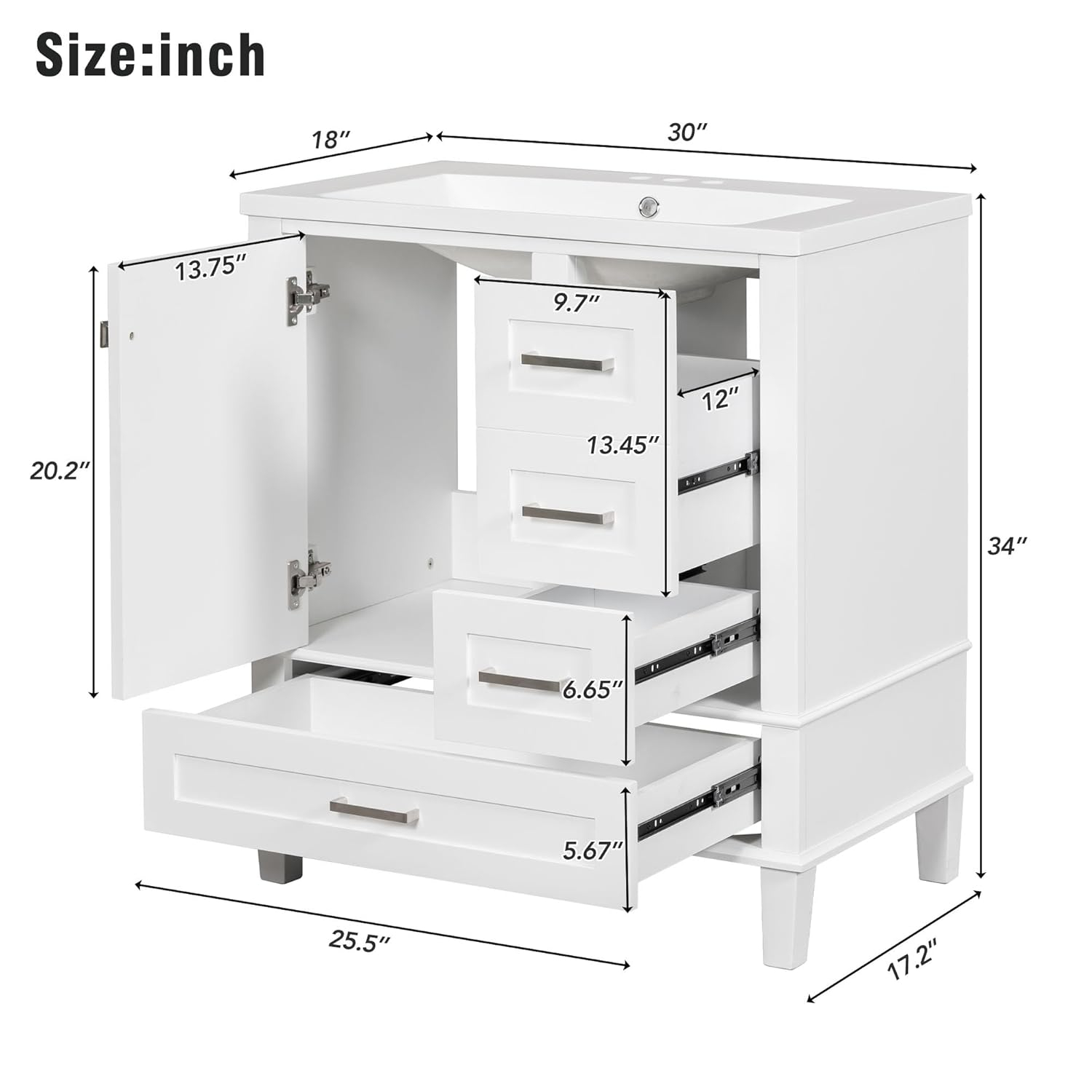 Merax 30 in Bathroom Vanity with Sink,3 Drawers and 4 Doors,Wood Single Sink Bathroom Vanity,Modern White Bathroom Vanities Sink Cabinet Floor Standing with Sink Combo Set