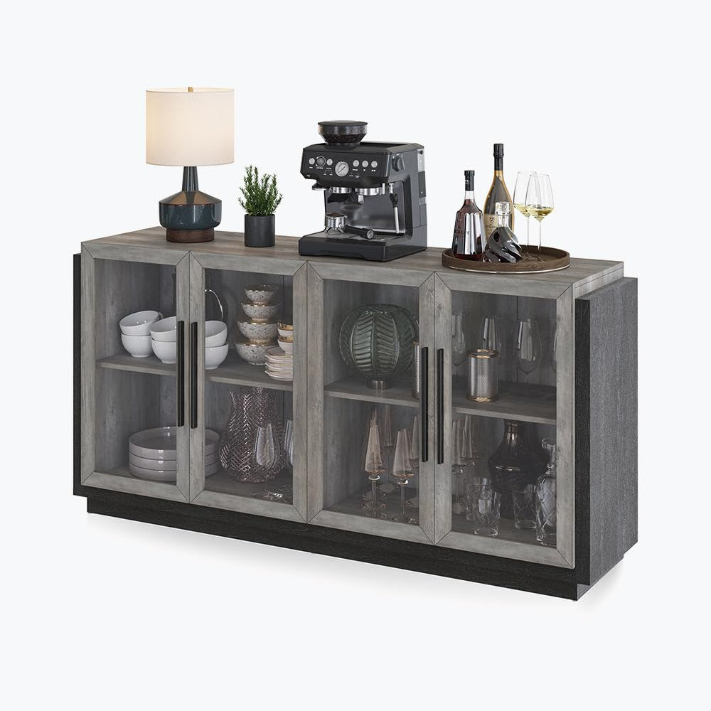 BELLEZE Sideboard Buffet Cabinet, Modern Wood Glass-Buffet-Sideboard with Storage, Console Table for Kitchen, Dinning Room, Living Room, Hallway, or Entrance - Brixston (Grey)
