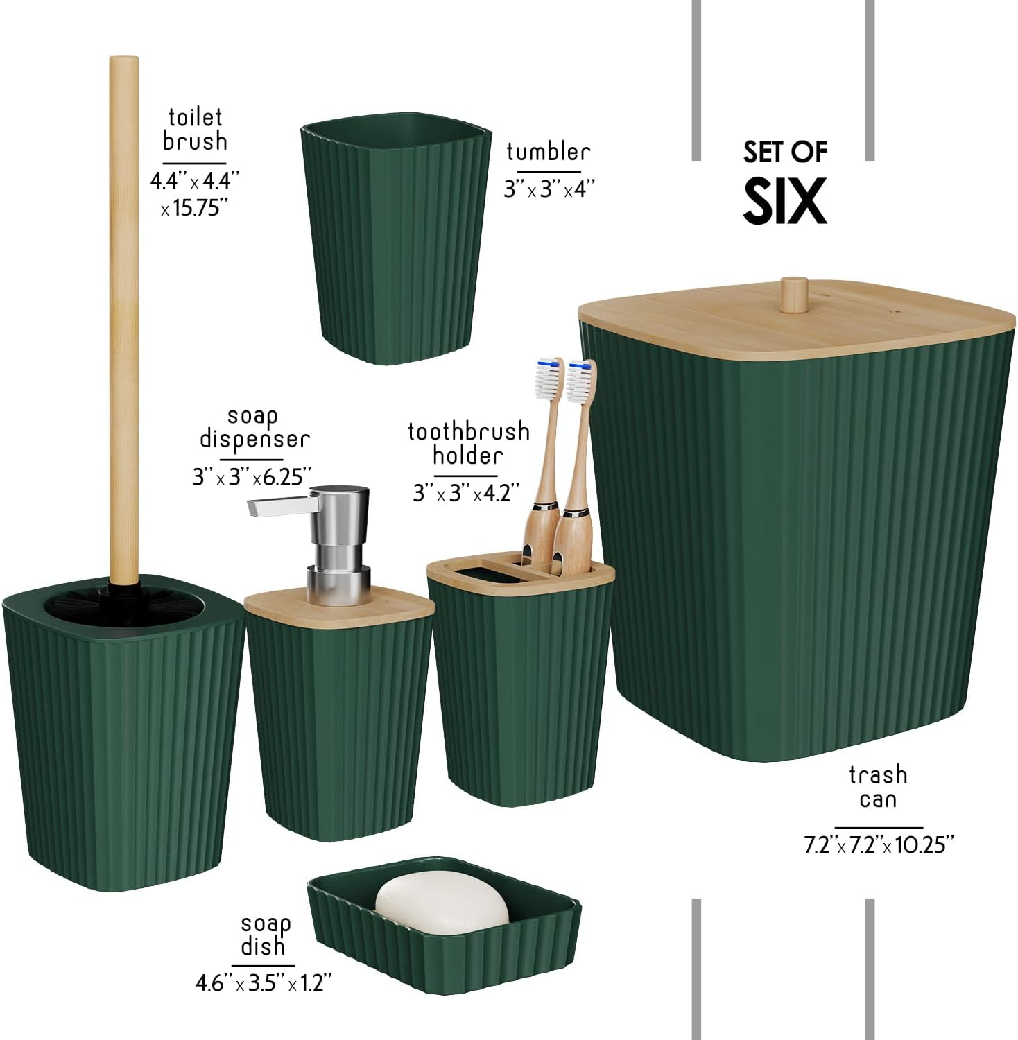 Clara Clark Bathroom Set - Hunter Green Bathroom Accessories Set, 6PC Bathroom Accessory Set, Bathroom Sets with Toilet Brush, Trash Can & Soap Dispenser