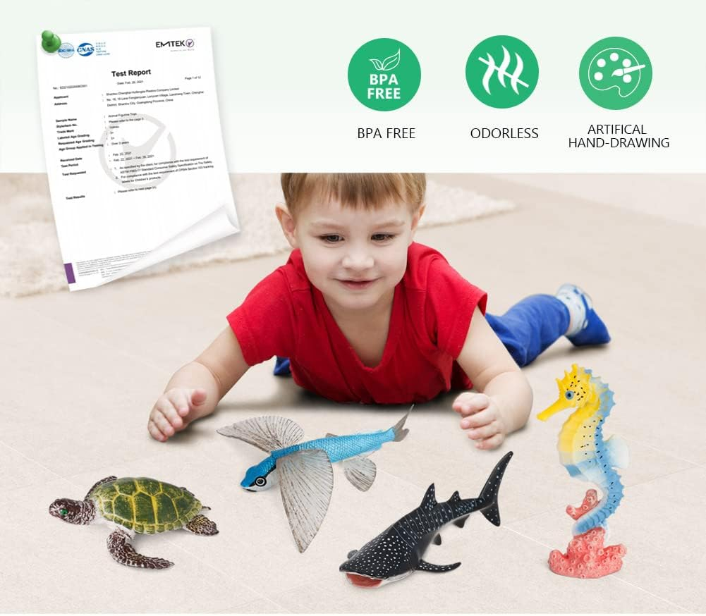 Sea creature Toys VOLNAU 7PcS Indian Ocean Sea Animals Figurines Shark Toys for Toddlers Kids christmas Birthday gift Plastic Fish Toys Preschool Pack and Bath Sets