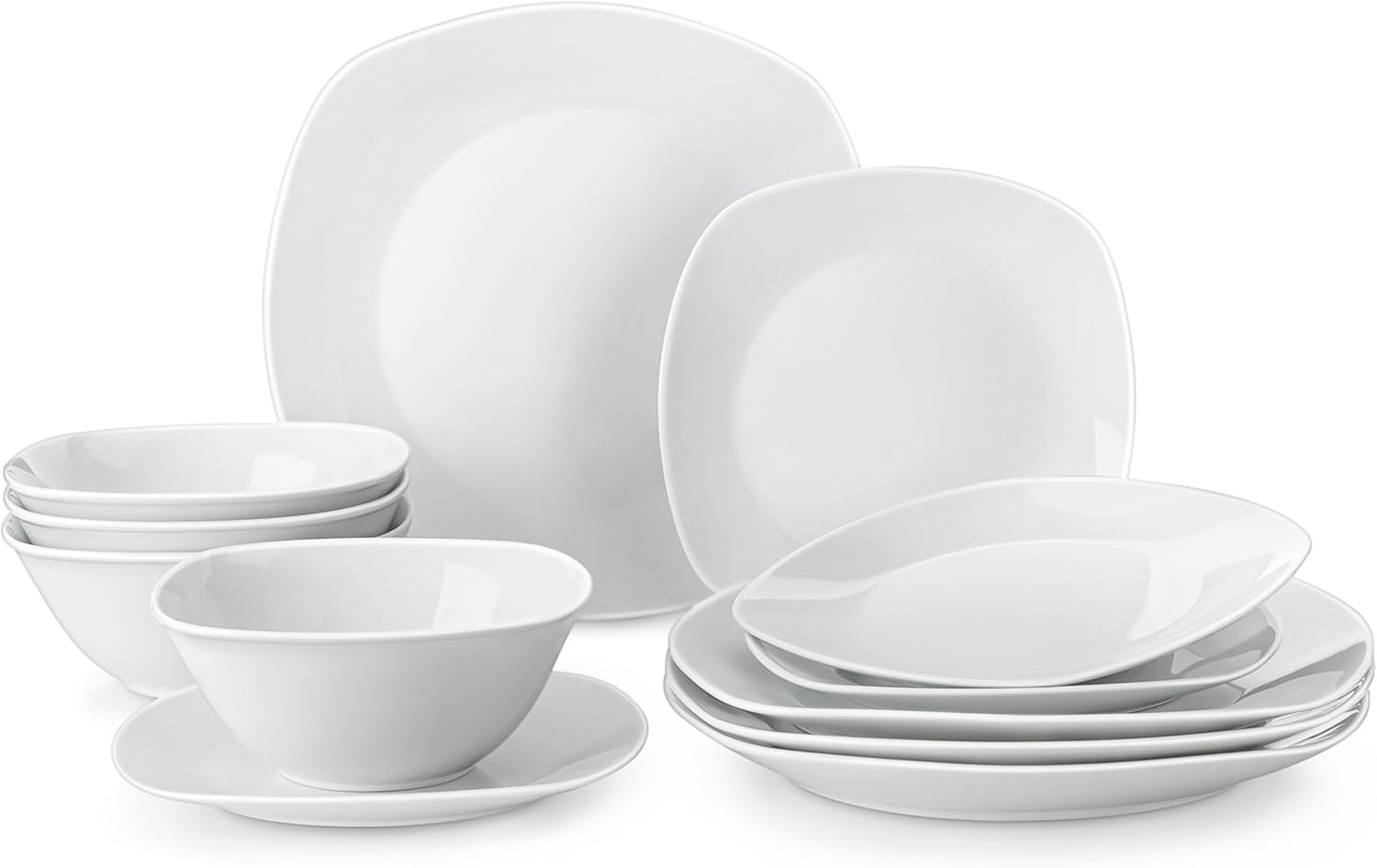 MALACASA Plates and Bowls Set, 12 Pieces Porcelain Dinnerware Sets, Gray White Dishes Set for 4, Chip and Scratch Resistant Square Dishware Sets, Series ELISA