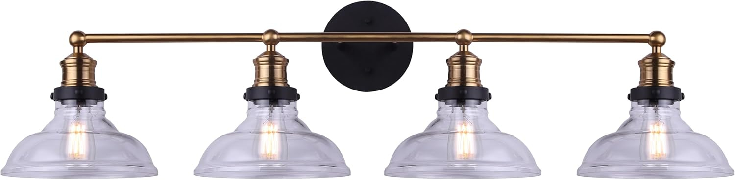 LORA Modern Farmhouse Vanity Light – 4-Light Industrial Bathroom Fixture, Matte Black & Gold Finish, Clear Glass Shades, 100W Type A, 38.5" Wide Over Mirror Wall Sconce
