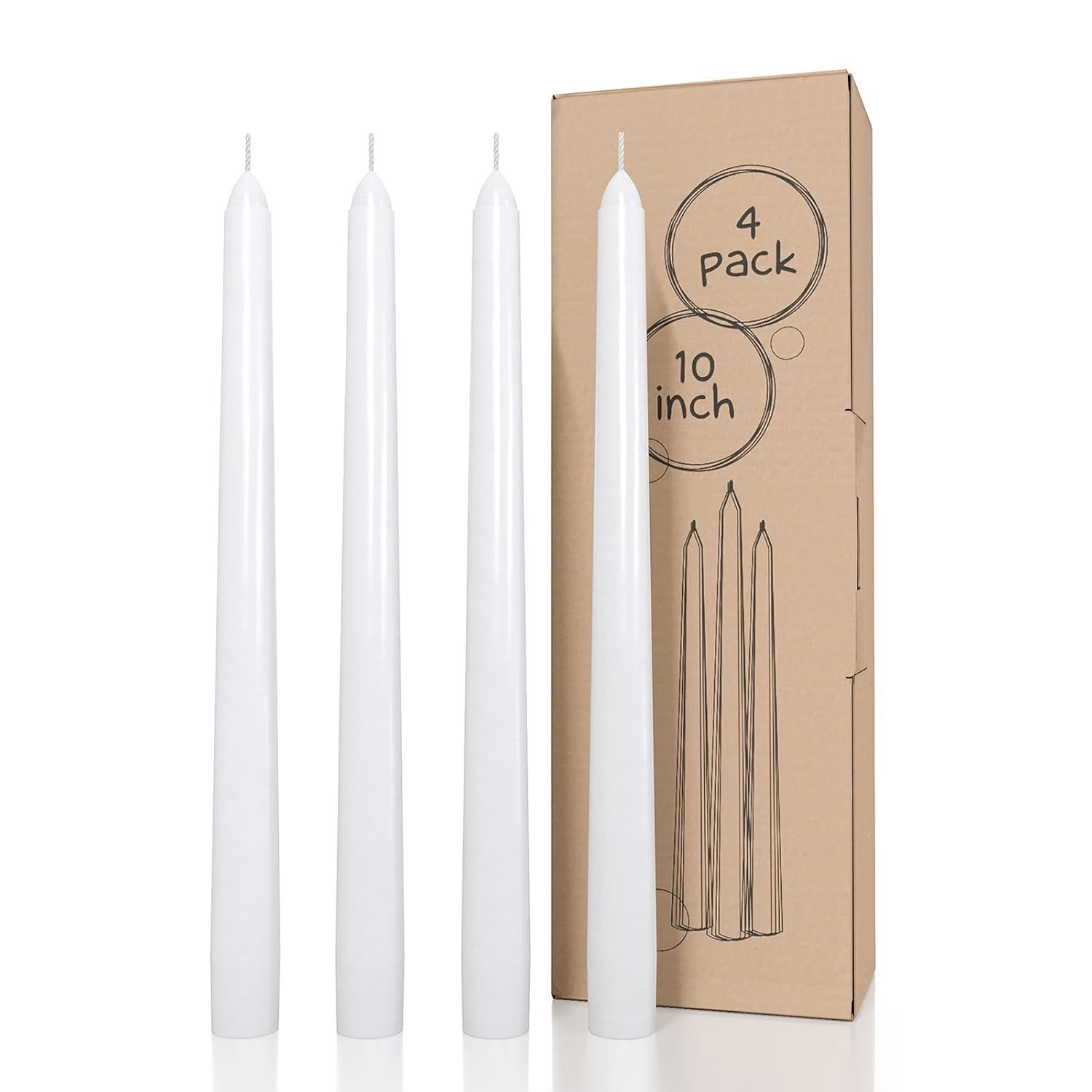 Candwax 10 inch Taper Candles Set of 4 - Dripless Taper Candles and Unscented Candlesticks - Perfect as Dinner Candles and Household Candles - White Candles