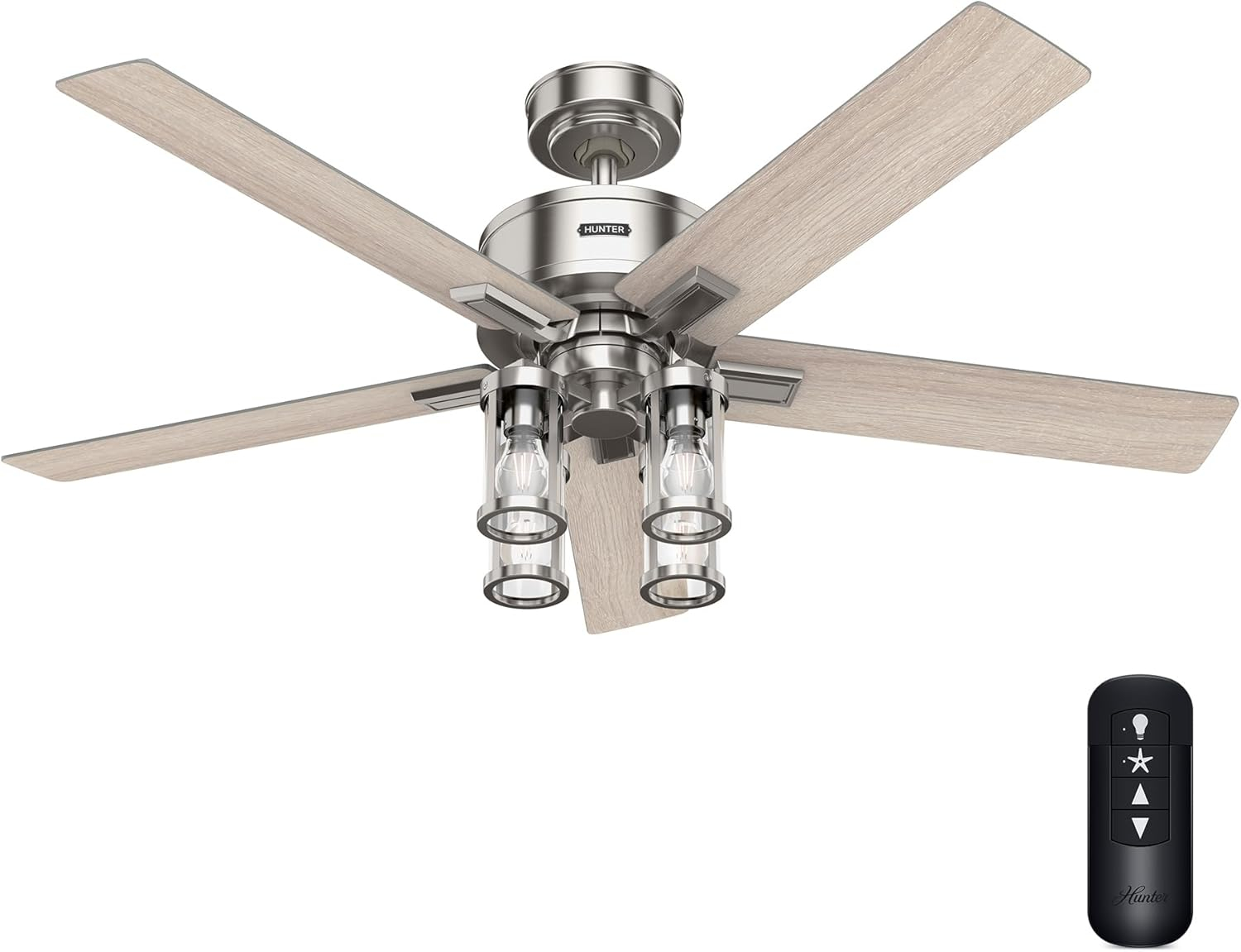 Hunter - Astwood II  Indoor Ceiling Fan With Light, Remote, 52-inch, Brushed Nickel, Casual-style, 4-speed WhisperWind Motor, 52993, for living rooms, bedrooms, home offices, kitchens