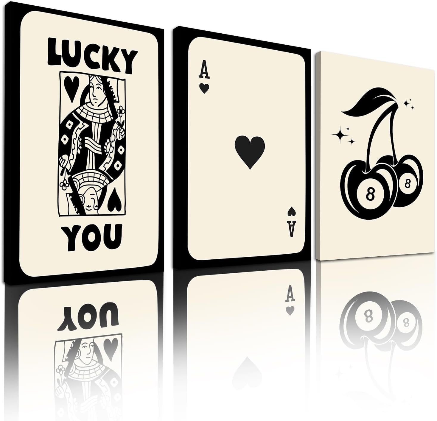 3 Piece Trendy Retro Feeling Lucky You Poster Funky 8 Ball Dice Cherry Canvas Wall Art Queen Poker Prints Poster for Room Aesthetic Girl Dorm Bedroom Wall Decor Trendy Set of 3 Unframed 12x16Inch