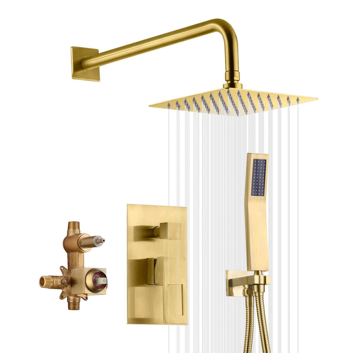 Pressure Balance Shower Faucet System with Valve, Brushed Gold Finish