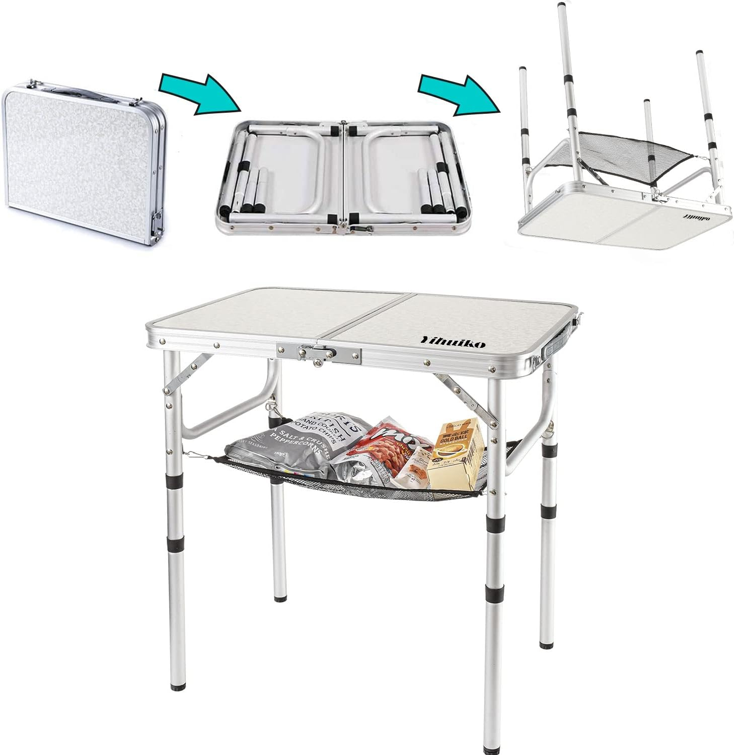 Adjustable Height Camping Table with Mesh Layer, 23.6" x 15.7" Portable Folding Camp Tables with Aluminum Legs for Outdoor Camp, Picnic, Beach, Backyard, Tailgate Cooking, 3 Heights…