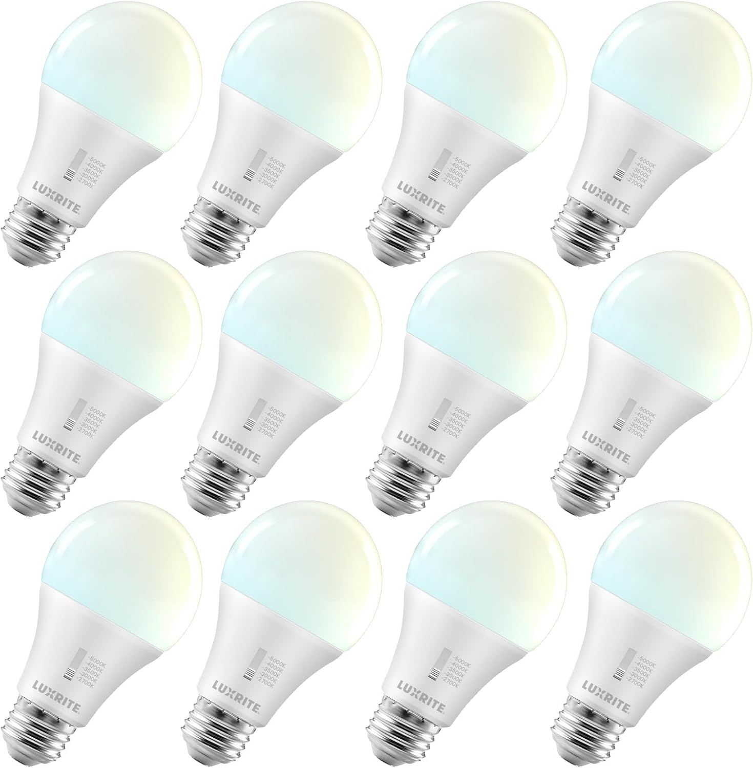 LUXRITE A19 LED Light Bulb 75 Watt Equivalent, CRI90, 5CCT Selectable 2700K 3000K 3500K 4000K 5000K, Dimmable, 1100LM, Standard LED Light Bulbs 11W, E26 Medium Base, ETL - Indoor Outdoor (12 Pack)