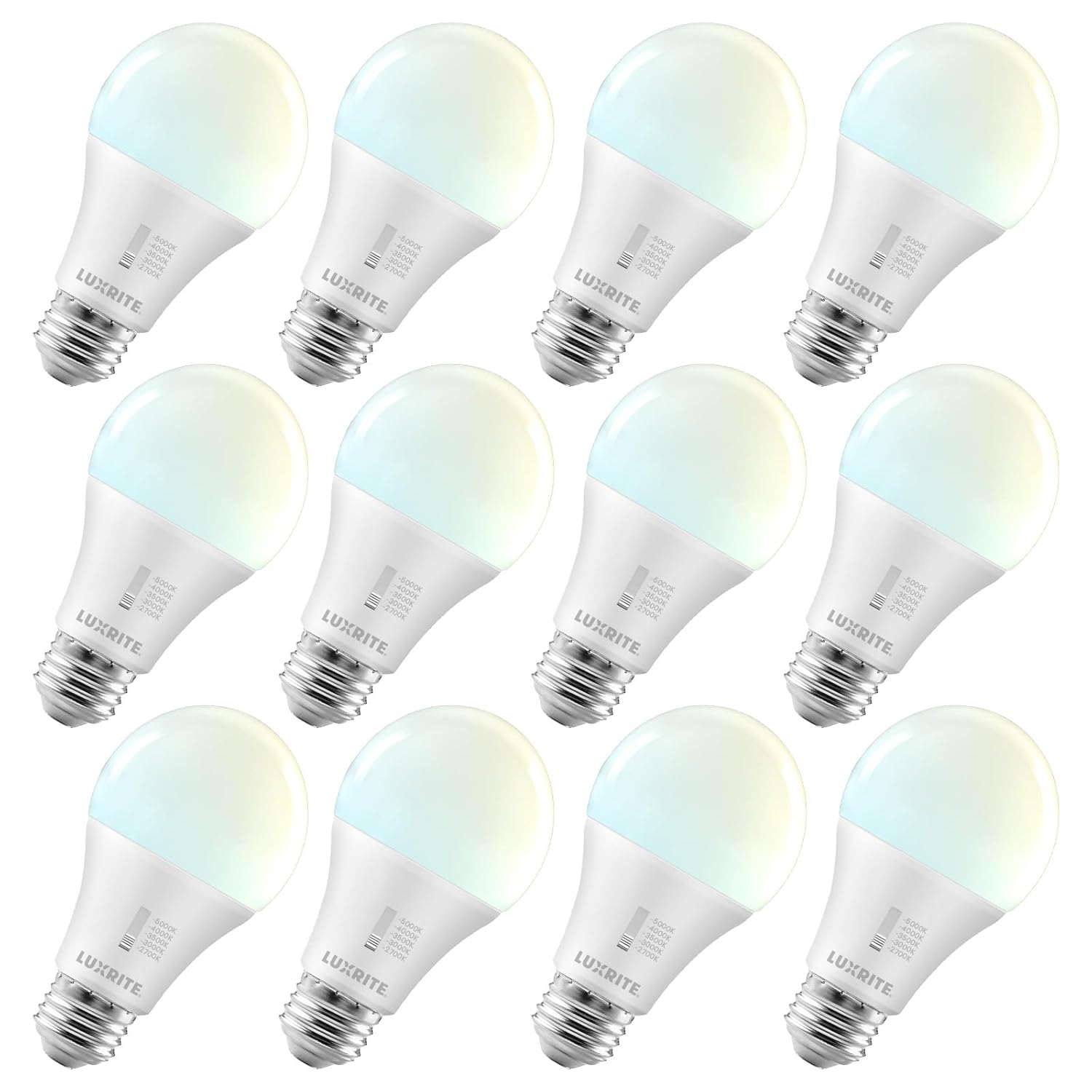 LUXRITE A19 LED Light Bulb 75 Watt Equivalent, CRI90, 5CCT Selectable 2700K 3000K 3500K 4000K 5000K, Dimmable, 1100LM, Standard LED Light Bulbs 11W, E26 Medium Base, ETL - Indoor Outdoor (12 Pack)