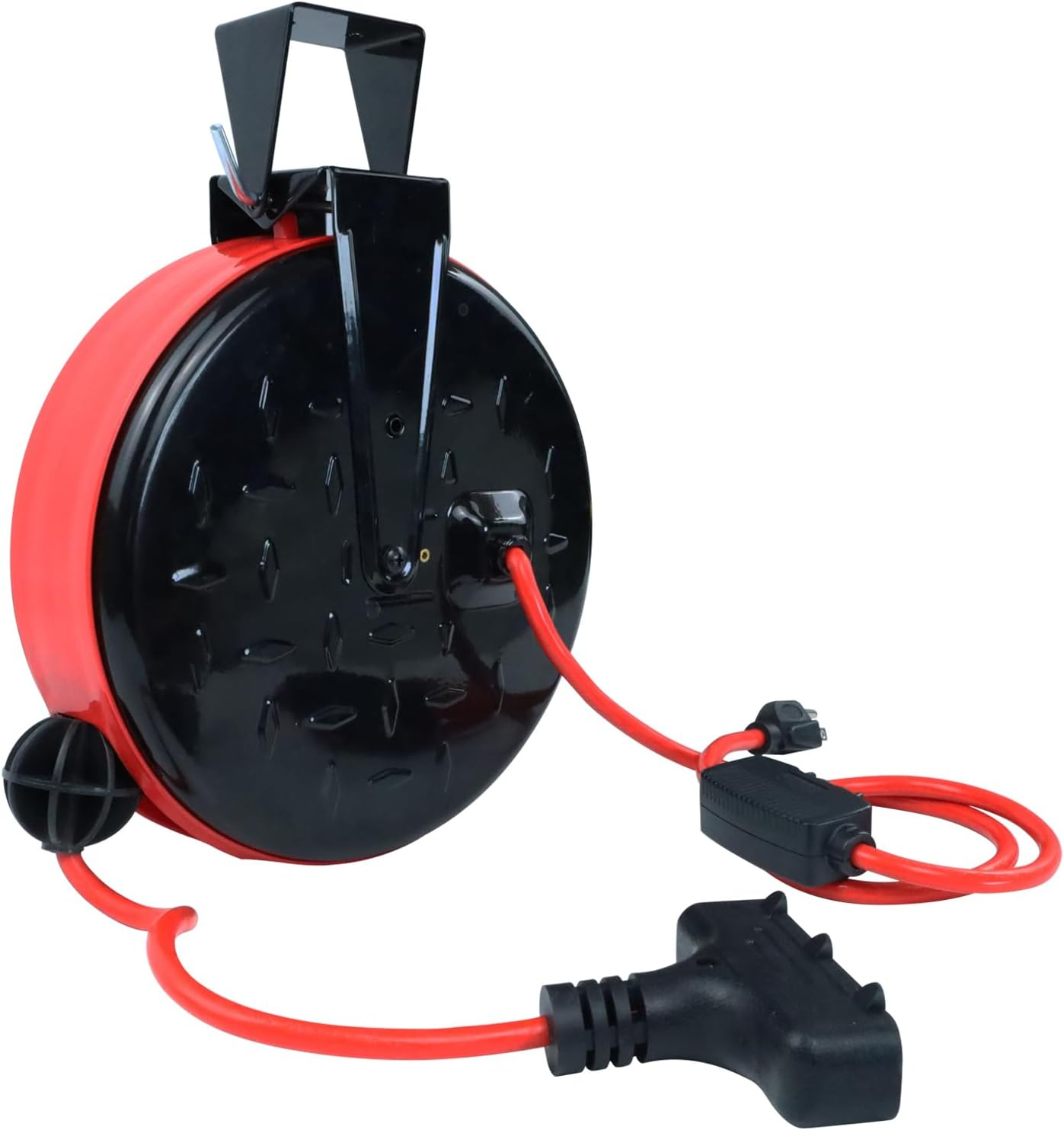 EP 30 Ft Retractable Extension Cord Reel, 16/3 SJTW Power Cord with 3 Electrical Outlets, Ceiling or Wall Mount, 10 Amp Circuit Breaker, Metal Plate, UL Listed, Red