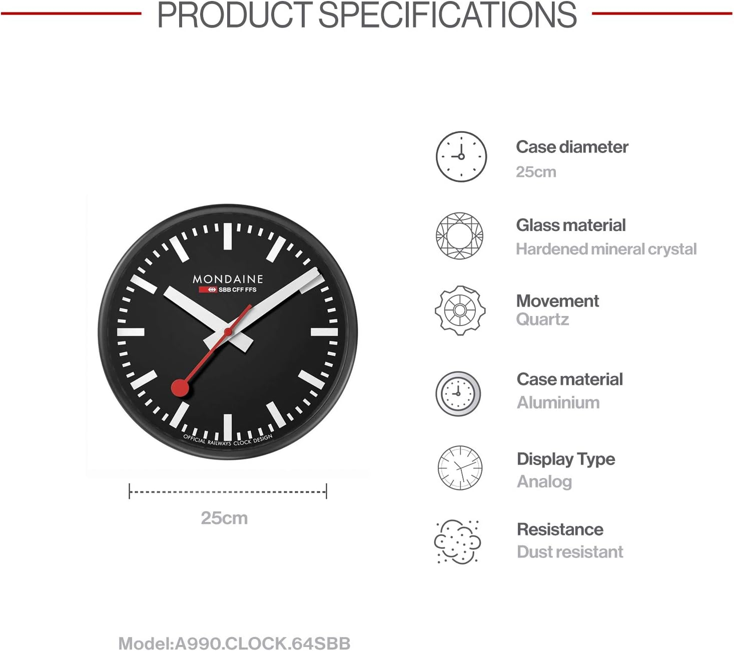 Mondaine - A990.Clock.64SBB Wall Clock - Black Dial Black Frame - Wall Clocks - Made in Switzerland