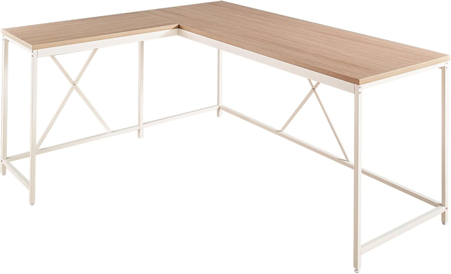Benjara Posy Corner Desk, L Shaped White Metal Frame, X Crossed, Oak Brown Wood Top